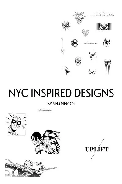Collection of NY-inspired Spider-Man themed design sketches, including various Spider-Man masks, spider symbols, and a superhero in action.