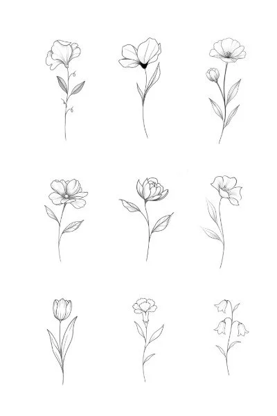 Nine line drawings of different flowers and floral buds arranged in three rows.