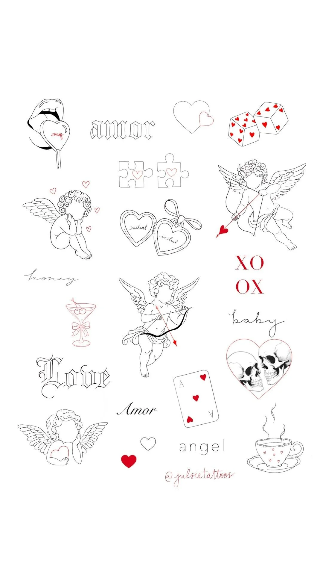 Collection of tattoo-style illustrations and words related to love, romance, and affection, including cherubs, hearts, dice, puzzle pieces, and phrases like "amour," "honey," "love," "angel," and "baby."