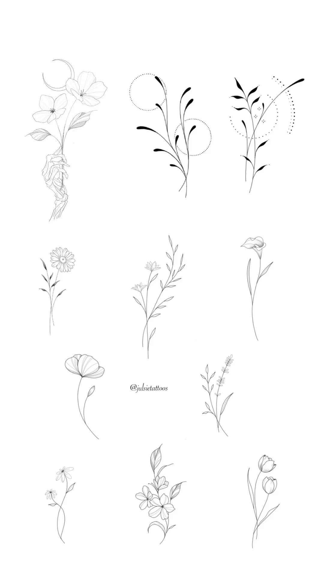 Collection of black and white floral tattoo sketches with various flowers and plants on a white background.