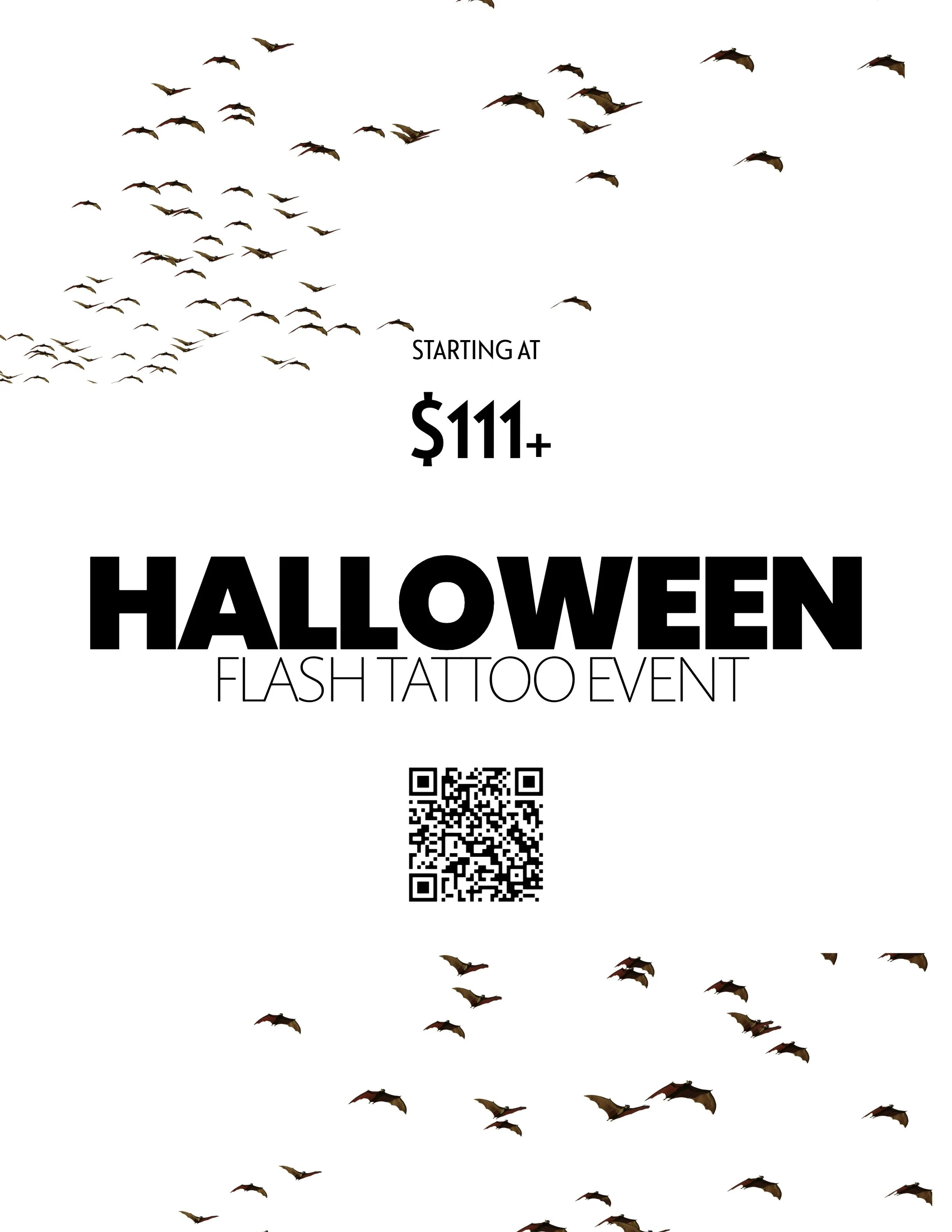 Halloween flash tattoo event advertisement featuring a flock of bats flying across a white background, with starting prices at $111+ and a QR code in the center.