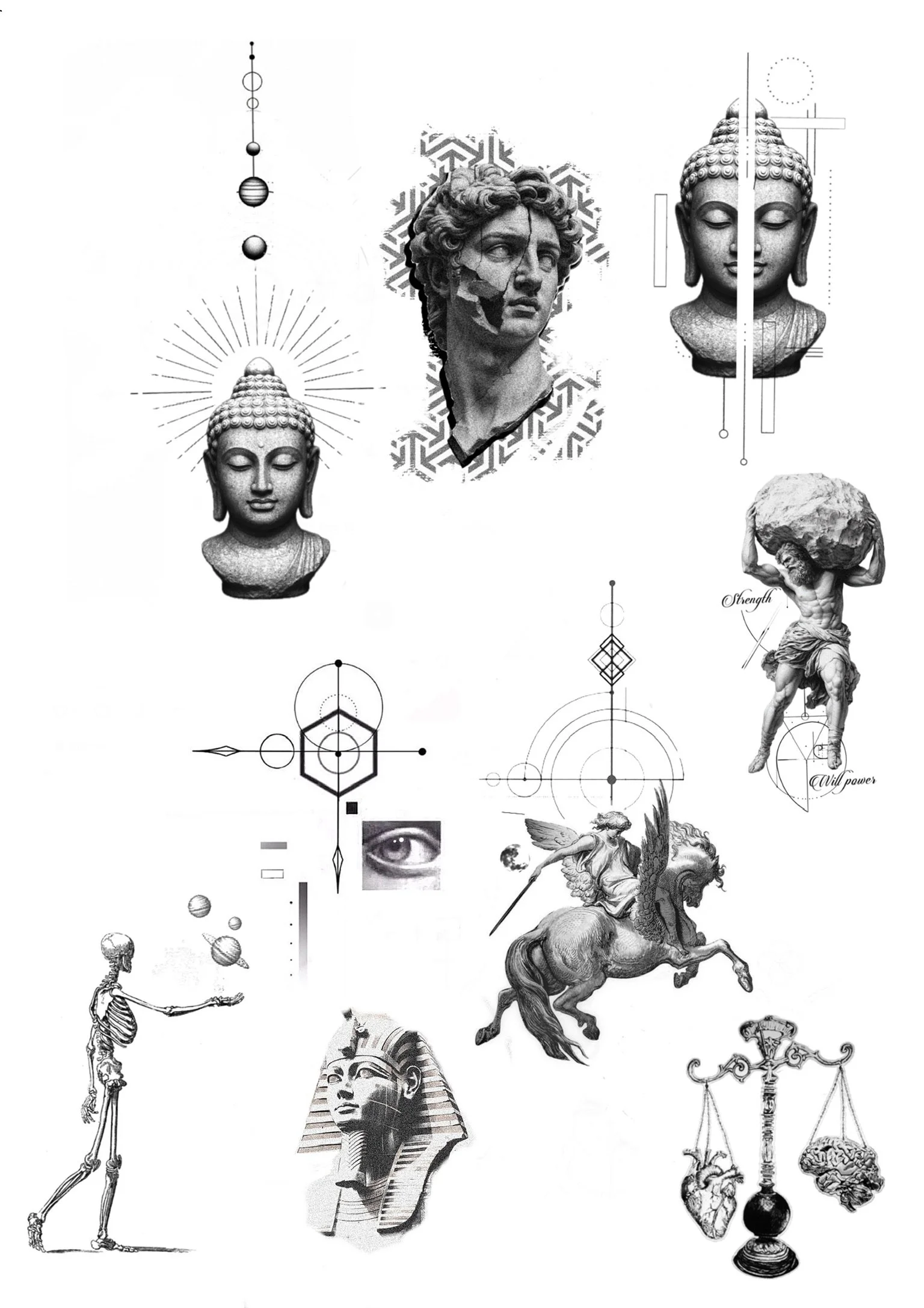 Collage of ancient sculptures, human anatomy sketches, geometric patterns, and symbolic imagery, including Buddha heads, a Roman bust, a muscular man holding a large rock, and a winged horse with a rider.