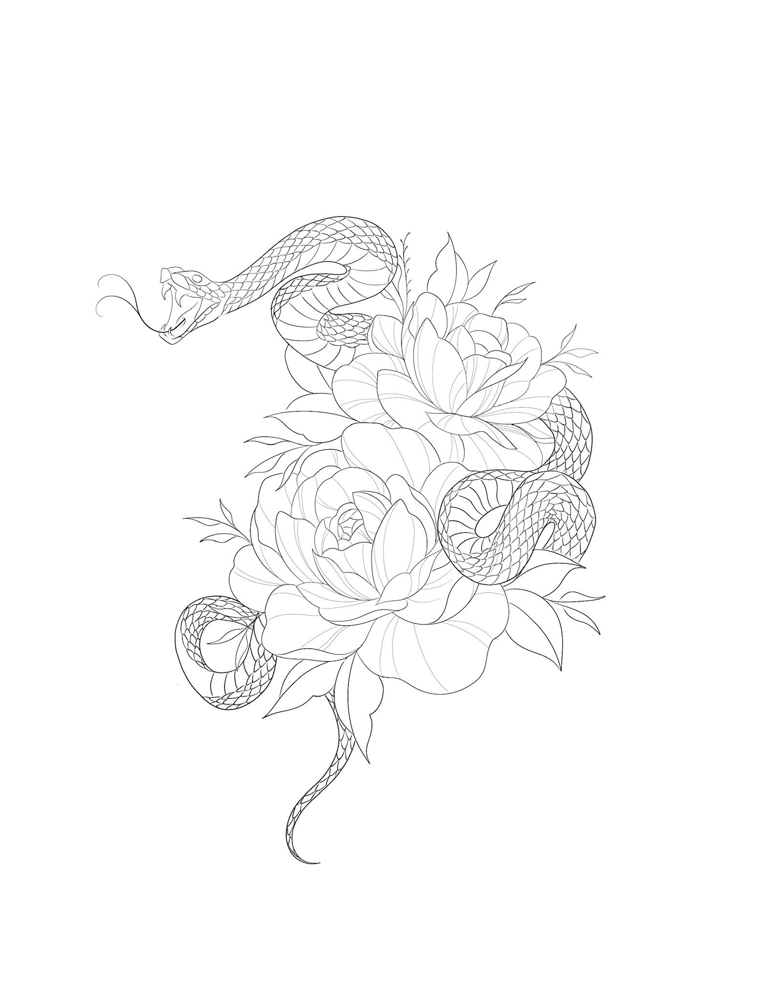 Coloring page featuring a snake intertwined with large flowers and leaves.