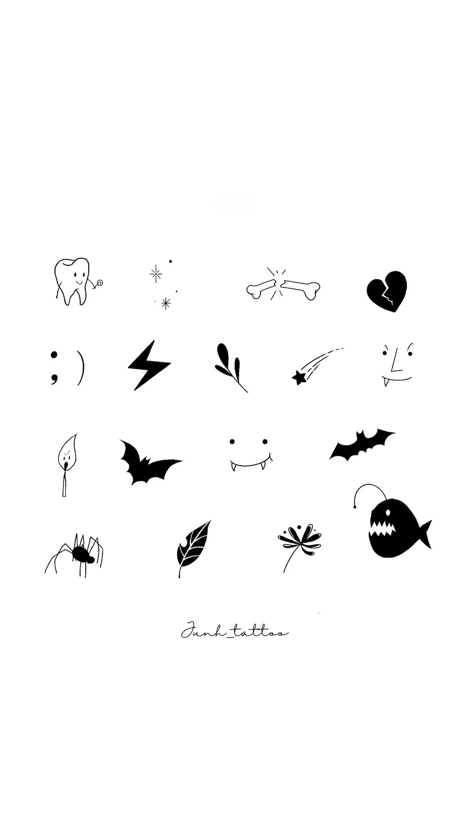 Collection of black and white Halloween-themed doodles including a smiling tooth, sparkles, broken bones, broken heart, smiley face, lightning bolt, leaf, shooting star, mischievous face, candle, bats, vampire face, spider, leaf, flower, and a spooky