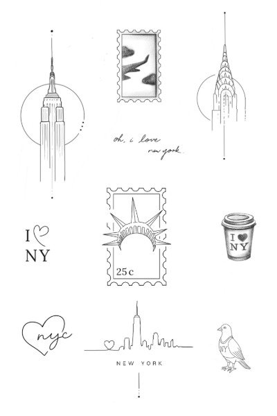 A collection of hand-drawn illustrations and messages related to New York City, including the Empire State Building, the Chrysler Building, a coffee cup with 'I ❤️ NY', a map outline of NYC in a heart, a postage stamp with the Statue of Liberty, and 