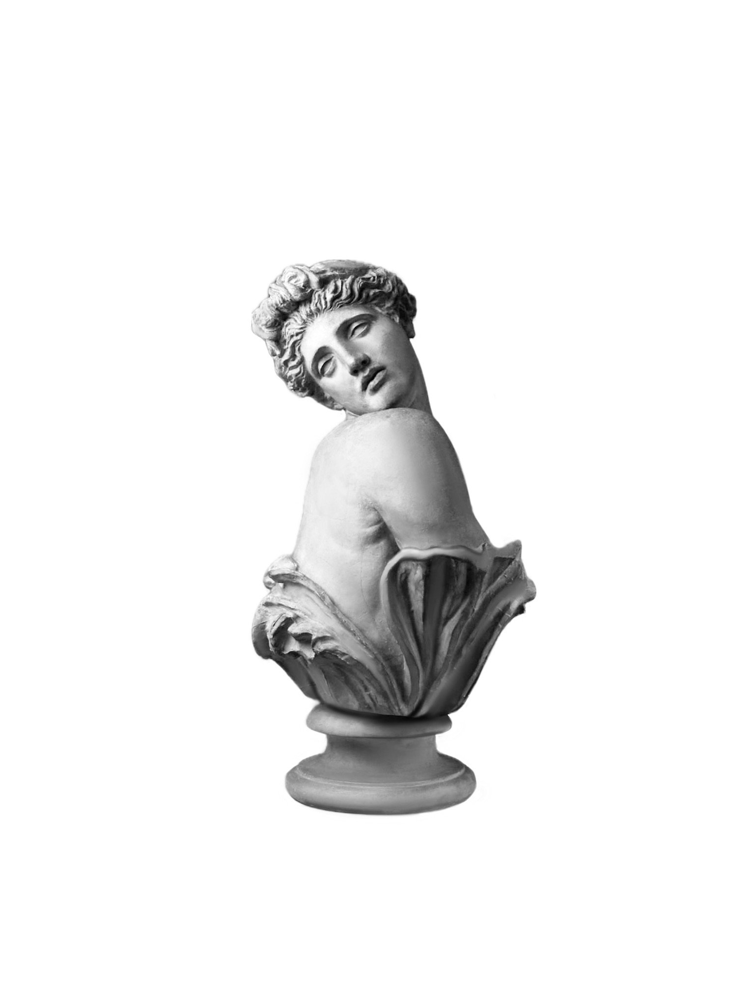 A black and white sculpture of a woman with a serene expression, her head tilted and resting on her shoulder, with a detailed hair and face, mounted on a pedestal.