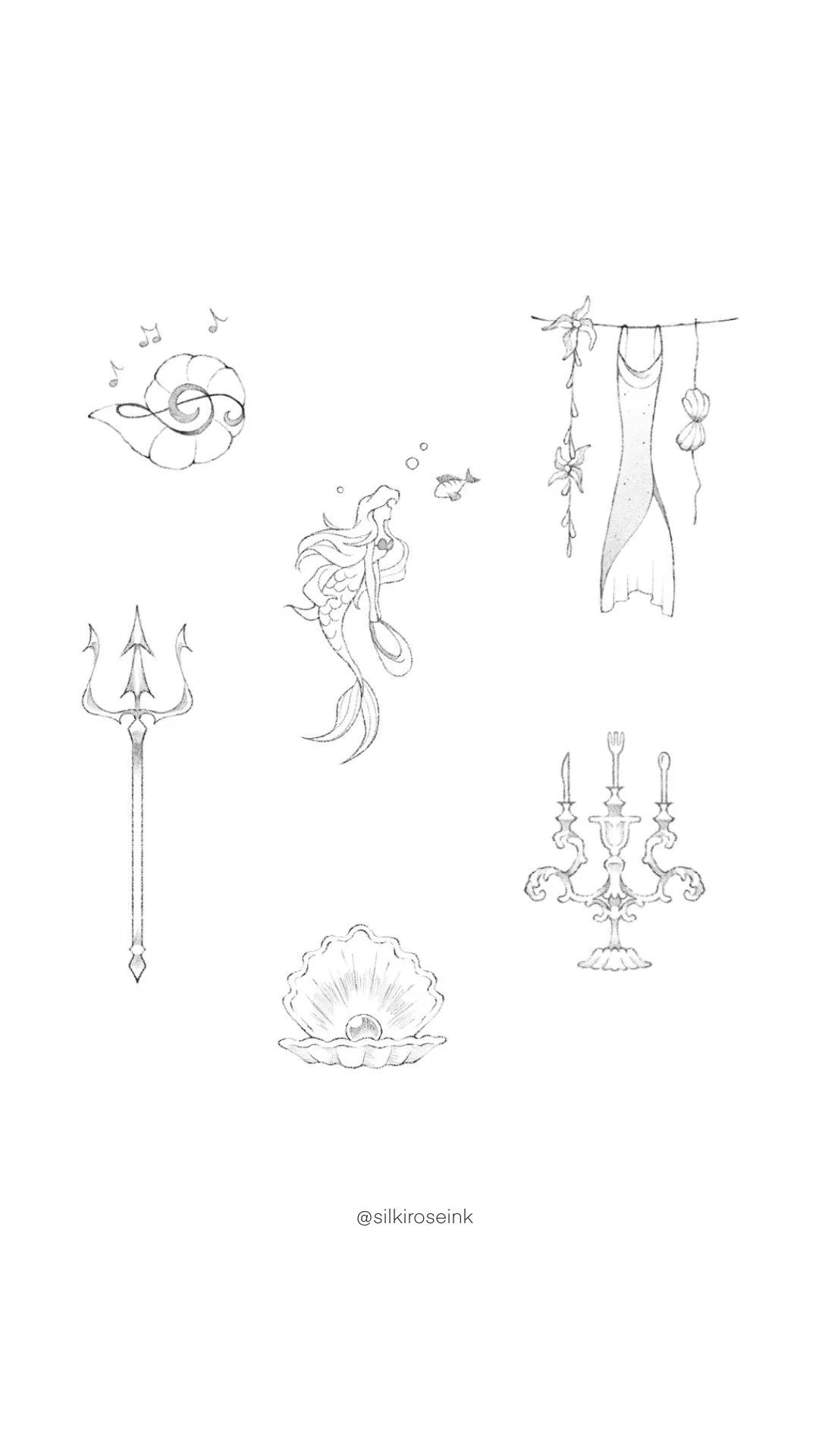 Sketch of underwater themed objects, including a trident, a mermaid, a shell with a pearl, a hanger with fabric and seaweed, a candelabrum, and musical notes.