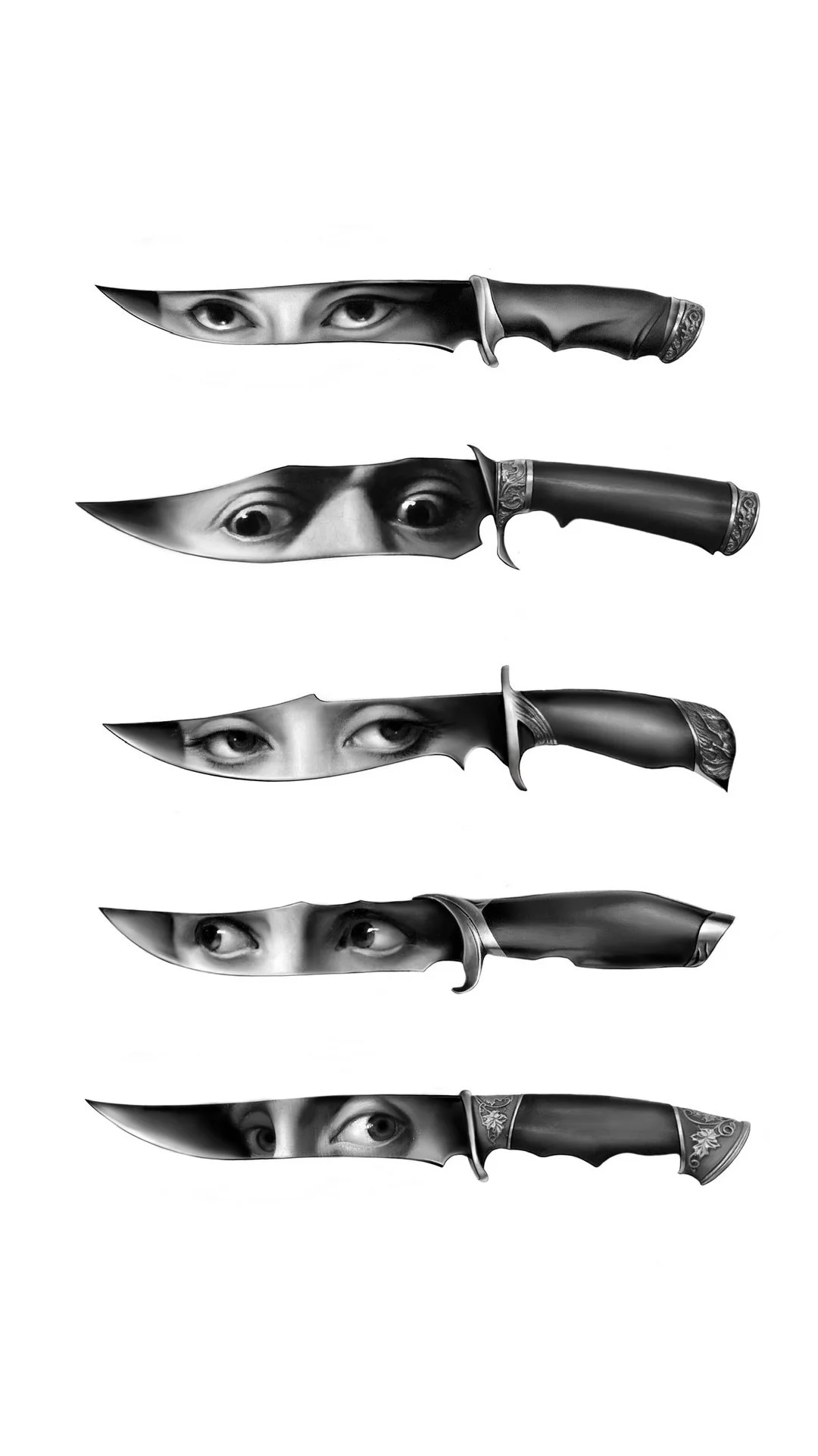 A series of five blades, each with human eyes on the blades, creating a surreal and artistic image.