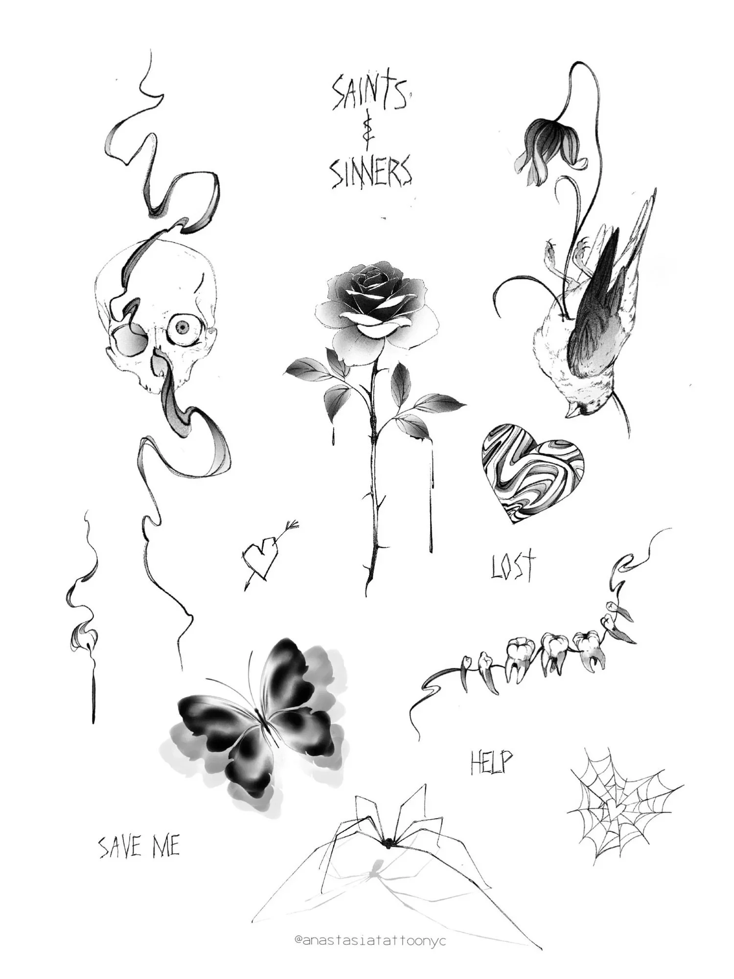 A collection of black and white tattoos including a skull with smoke, a rose, a dead bird, a marbled heart, a butterfly, a spider, a spider web, and various text phrases such as "Saints & Sinners," "Lost," "Help," and "Save Me."