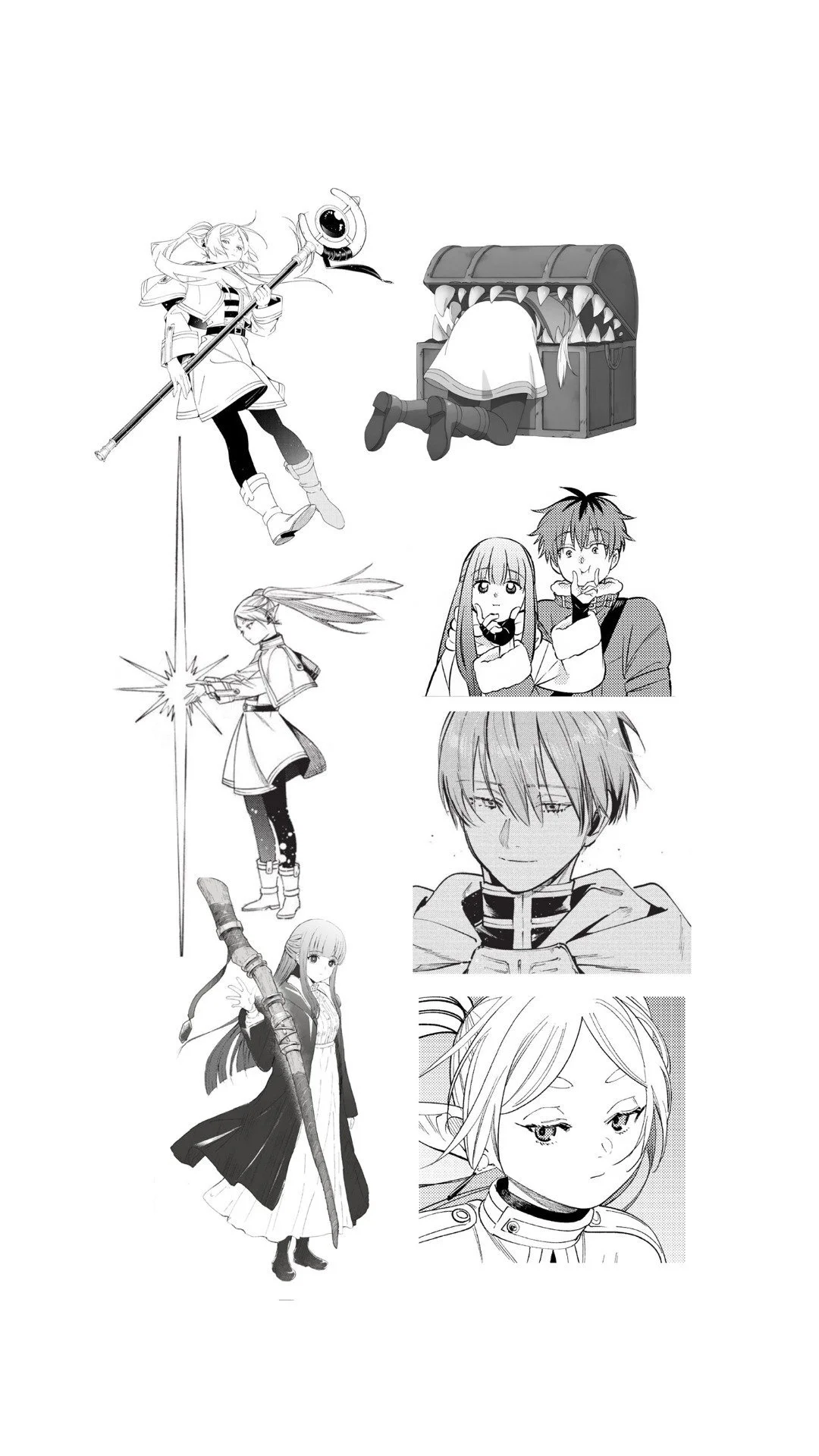 Black and white collage of anime characters, including a girl with a staff, a girl with a gun, a girl with a sword, a smiling boy, a girl with long hair, a girl with a bow, and a girl with short hair in military uniform.