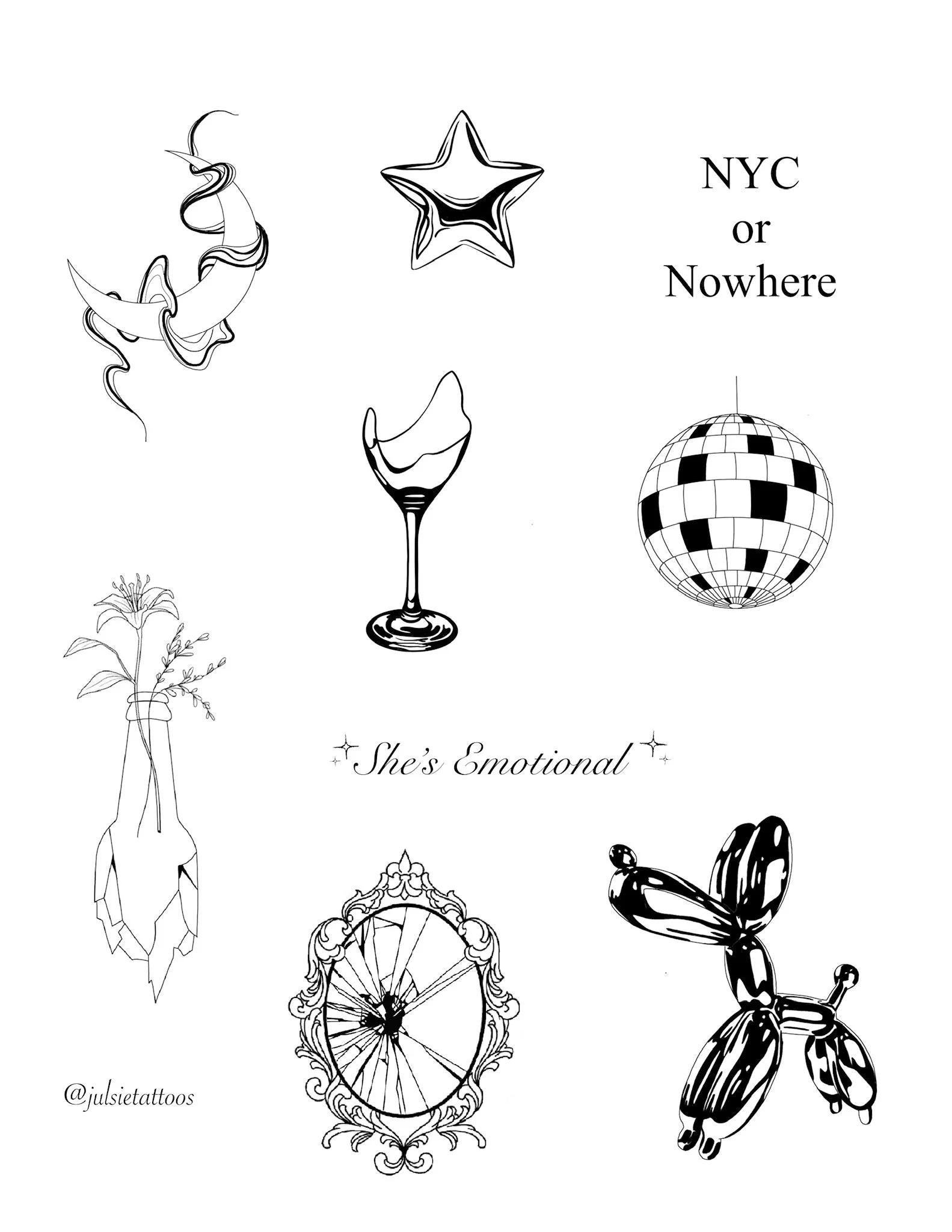 A collection of black and white doodles, including balloon animals, balloons, a disco ball, a flower in a jar, a decorative mirror, and the text 'NYC or Nowhere' and 'She's Emotional'.