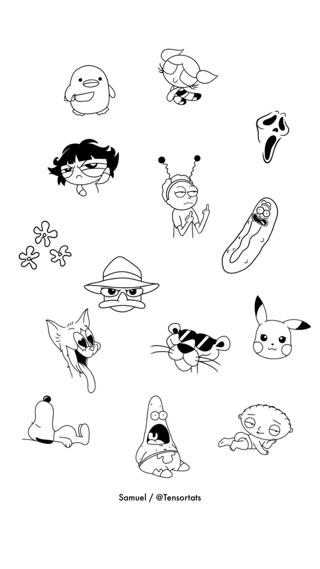Collection of black-and-white cartoon characters including a penguin, girl with pigtails, ghost face, irritated character, alien, pickle, cheerful cat, tiger, Pikachu, arm with bent elbow, surprised blob, and baby, with the artist's name Samuel and T