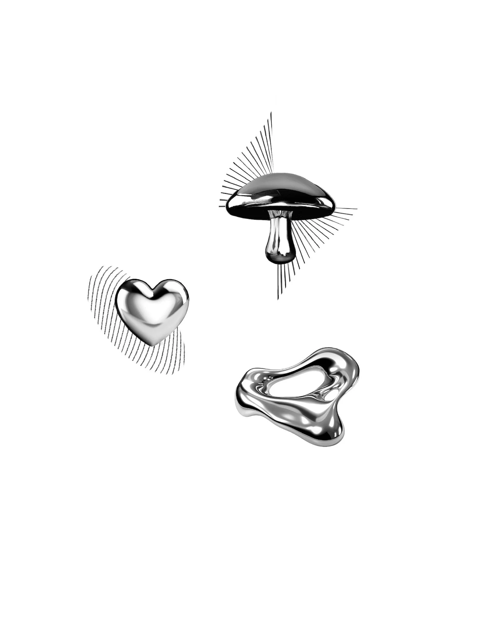 Three metallic objects: a mushroom-shaped figure, a heart, and a ring, set against a white background with radiating lines.