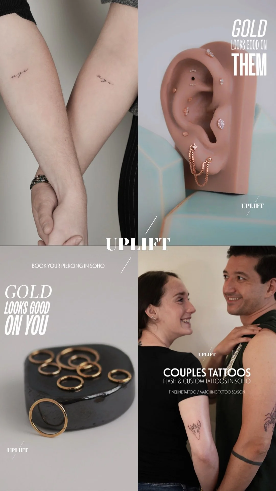 Collage of four photos promoting jewelry and tattoos. The top left shows two people with matching minimal tattoos on their forearms. The top right features an ear with multiple earrings and the text "Gold looks good on them." The bottom left displays several gold rings on a black stone with the text "Gold looks good on you." The bottom right shows a happy couple with matching tattoos on their arms and the text "Couples tattoos. Flash & custom tattoos in Soho."