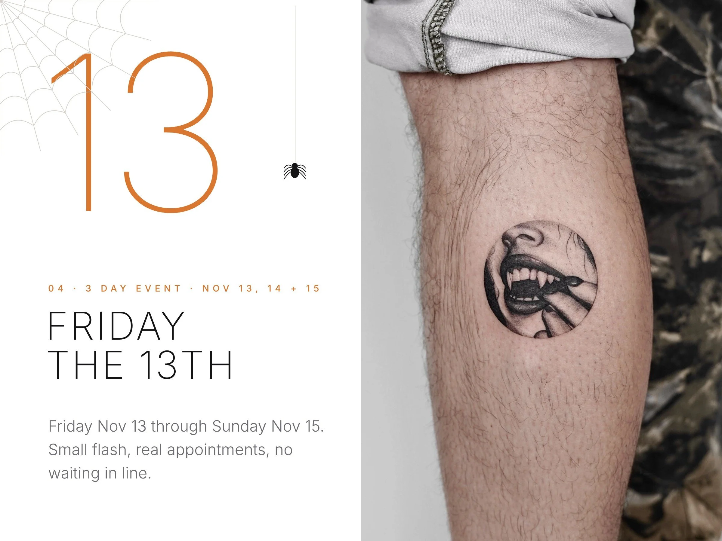 Friday 13th Banner in SoHo NEw York with a vampire tattoo on the lower leg