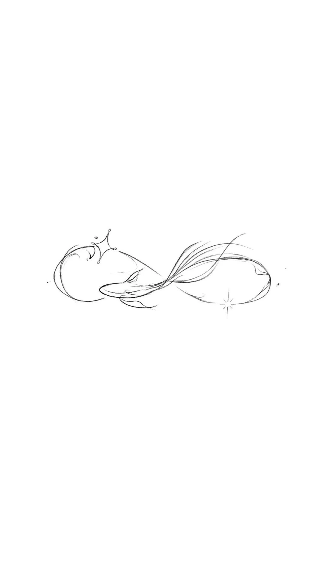 Line drawing of a woman reclining with long flowing hair, breasts exposed, and legs crossed