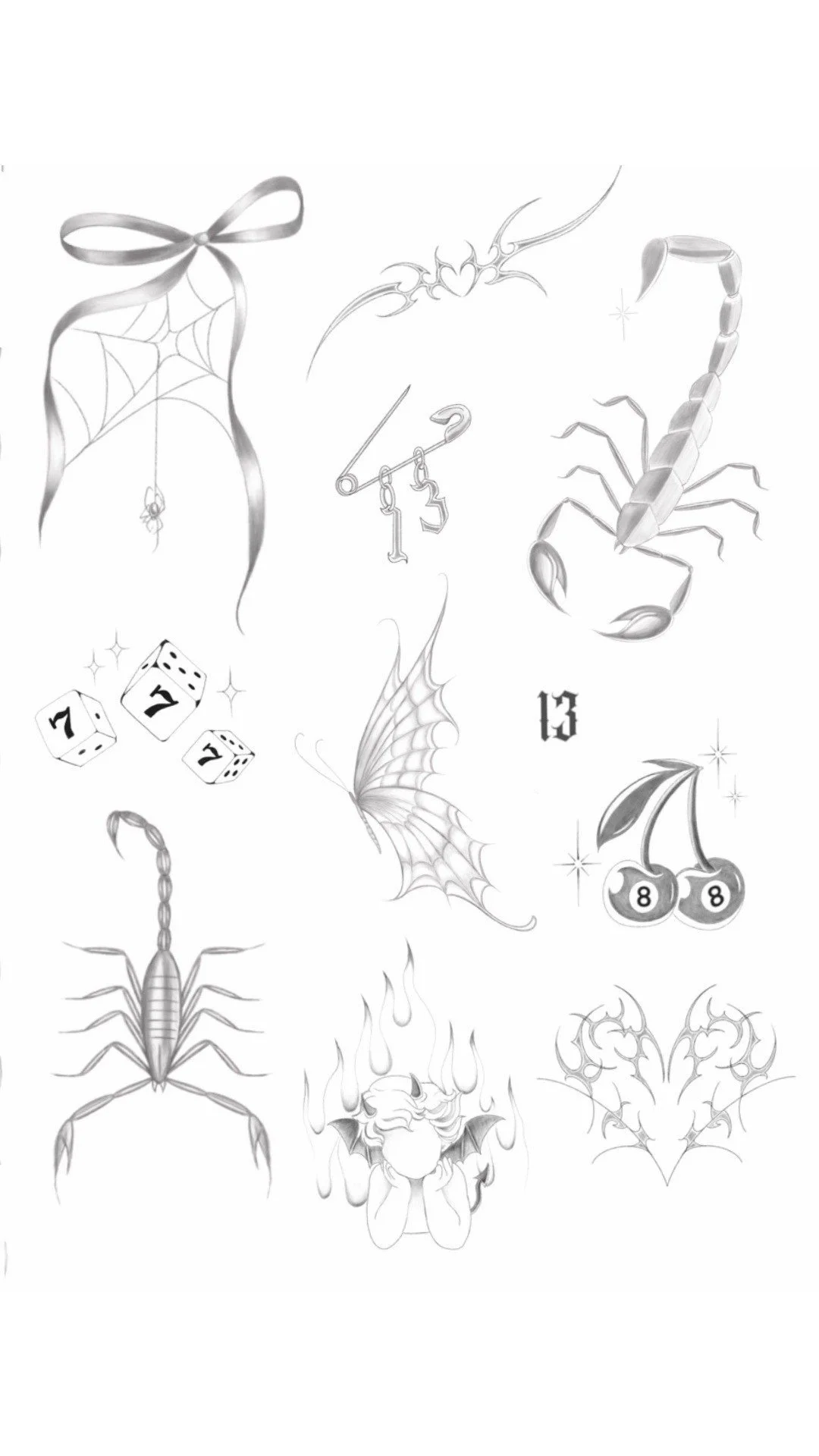 Black and white tattoo sheet with various designs including a spider web with a bow, a bat, a scorpion, a butterfly, a spider, dice, a number 13, cherries, a skull, flames, and decorative patterns.