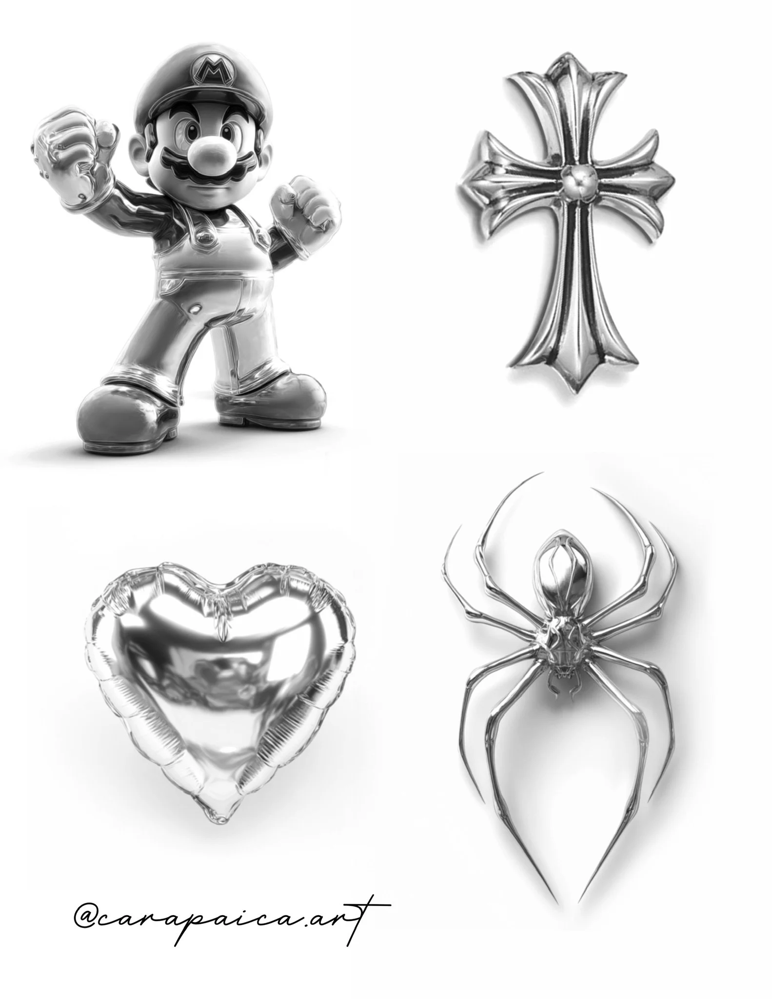 A collection of four metallic balloons featuring a Mario character, a cross, a heart, and a spider, displayed against a white background.