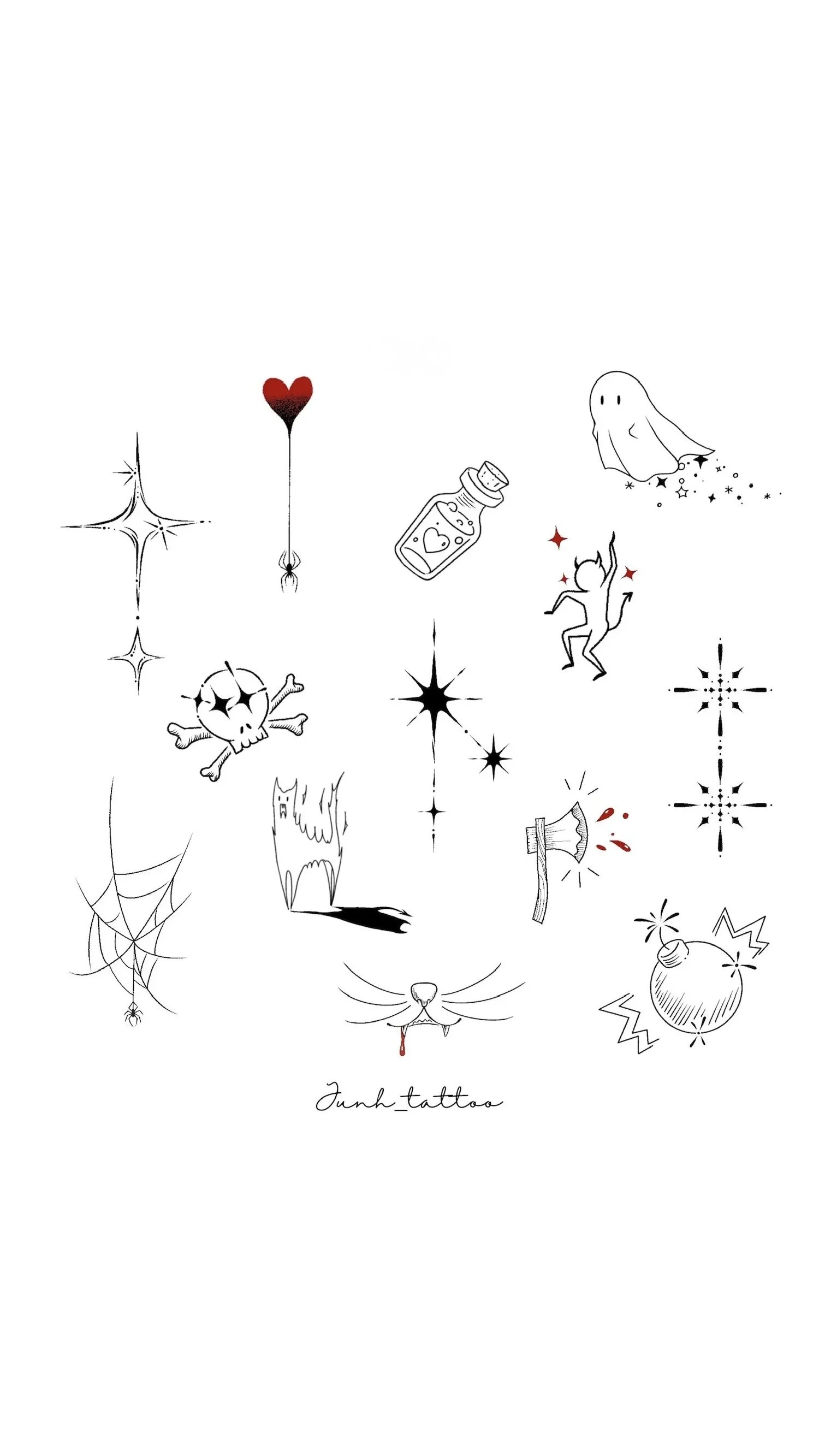 A collection of Halloween themed tattoo sketches including a skull with crossbones, spider web, ghost, devil, potion bottle with heart, axe with blood, a bomb with a lit fuse, sparkles, stars, and the text 'junh_tattoo' at the bottom.