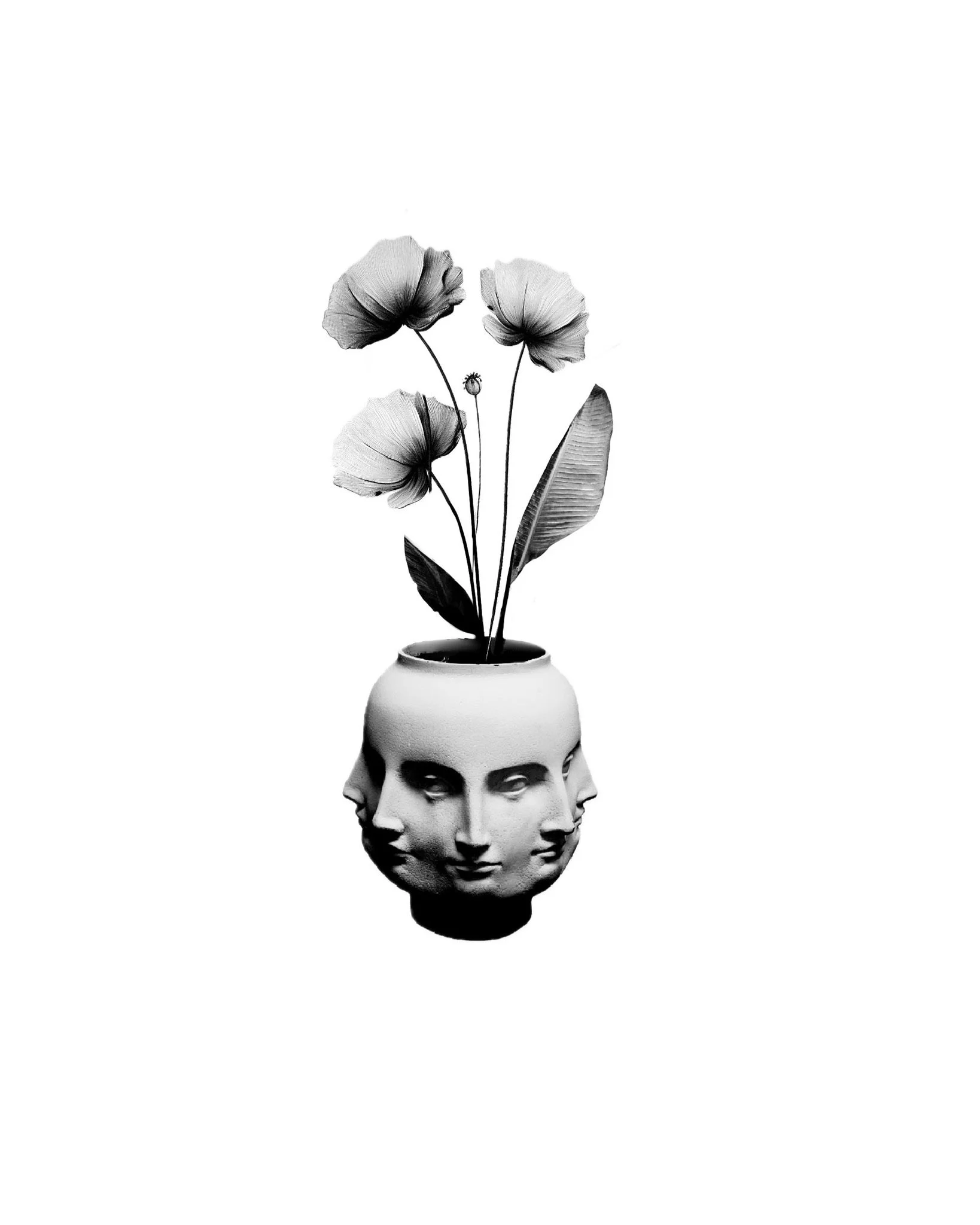 A black and white surreal photo of a vase with multiple human faces and flowers emerging from the opening.