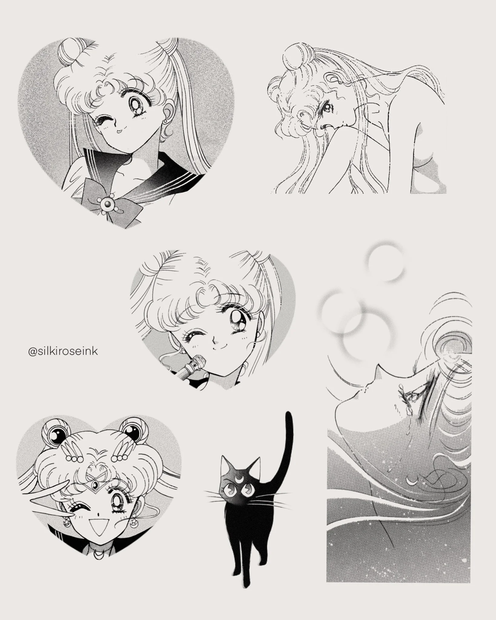 Black and white collection of illustrations featuring Sailor Moon characters, including Sailor Moon with various expressions, a black cat with piercing eyes, and a scene of Sailor Moon with her hair flowing in water.