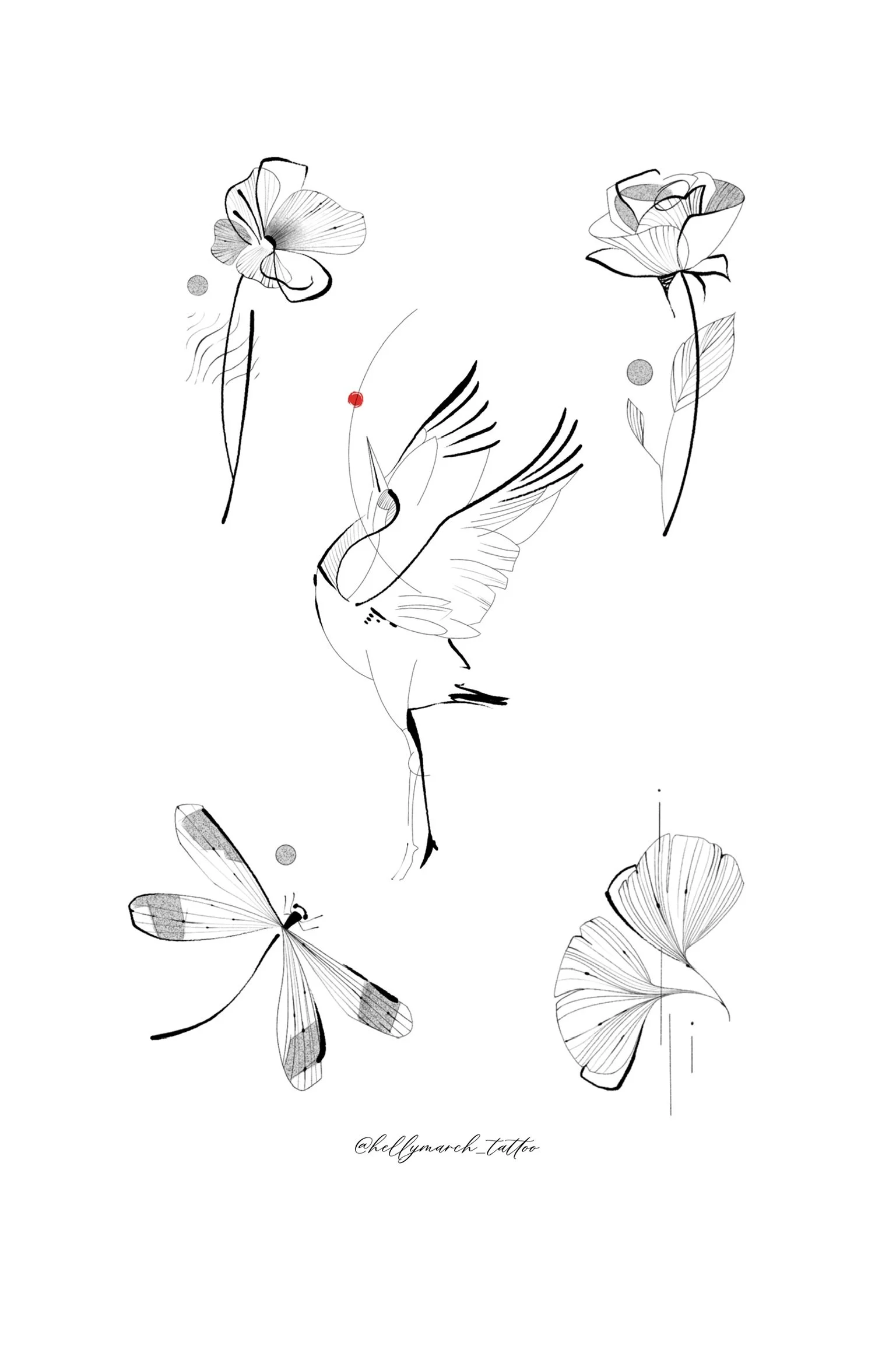 A minimalist black and white line drawing of a bird in flight surrounded by butterflies, ginkgo leaves, and flowers, with red and gray accents.