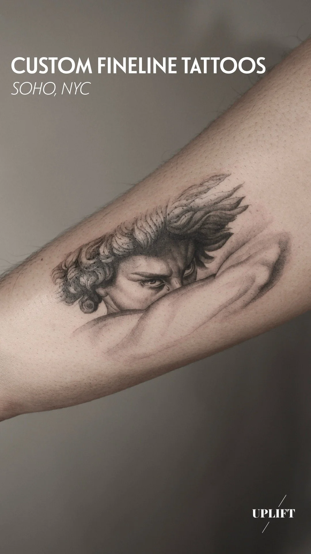 Custom Fineline Angel Tattoo on arm in Downtown Manhattan