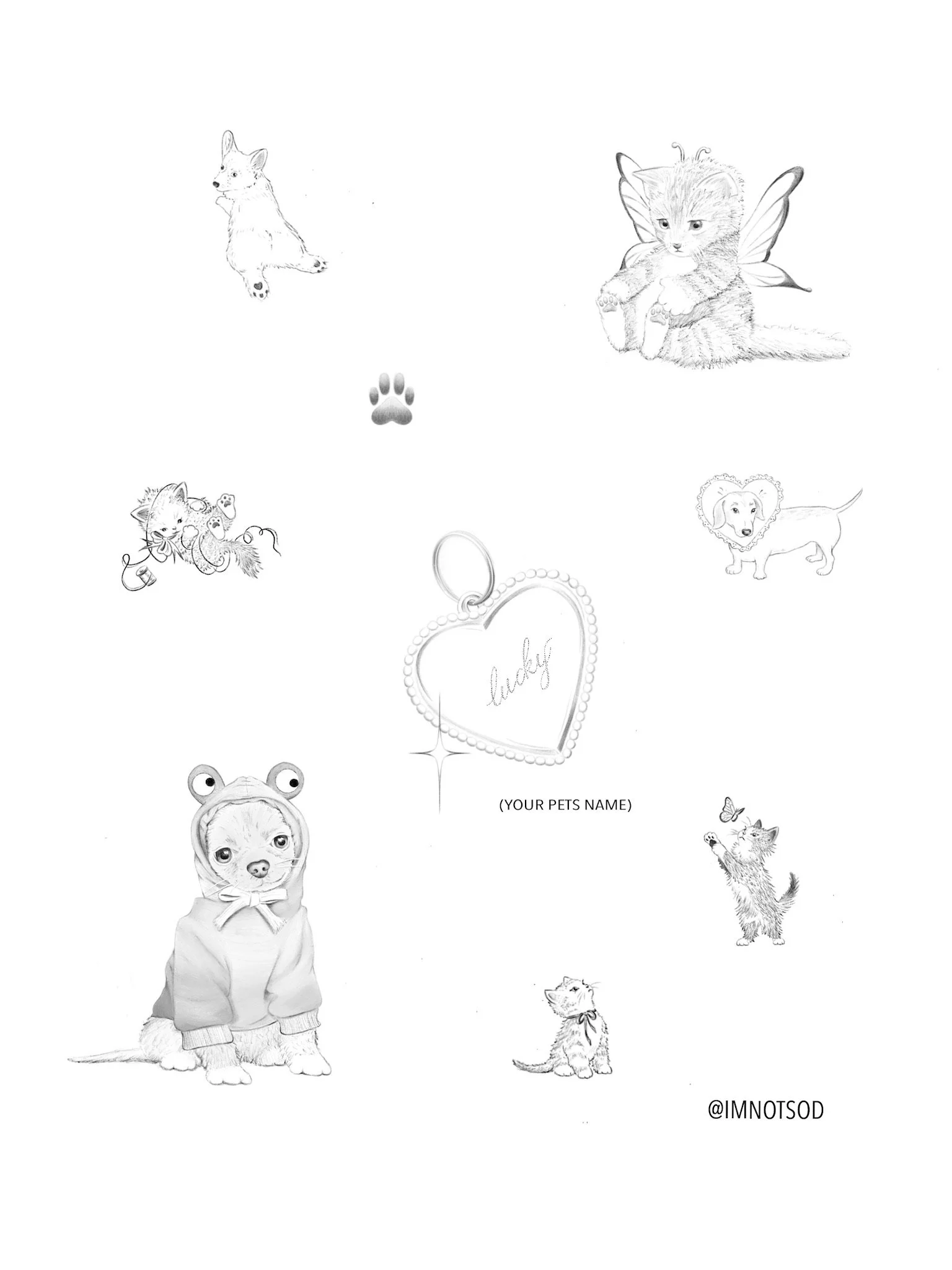 Black and white illustrations of seven different cats with various accessories or costumes, centered around a heart-shaped tag with the word 'lucky' and space for a pet's name, and a paw print in the middle.