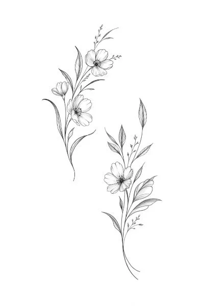 Line drawing of two floral arrangements with flowers and leaves