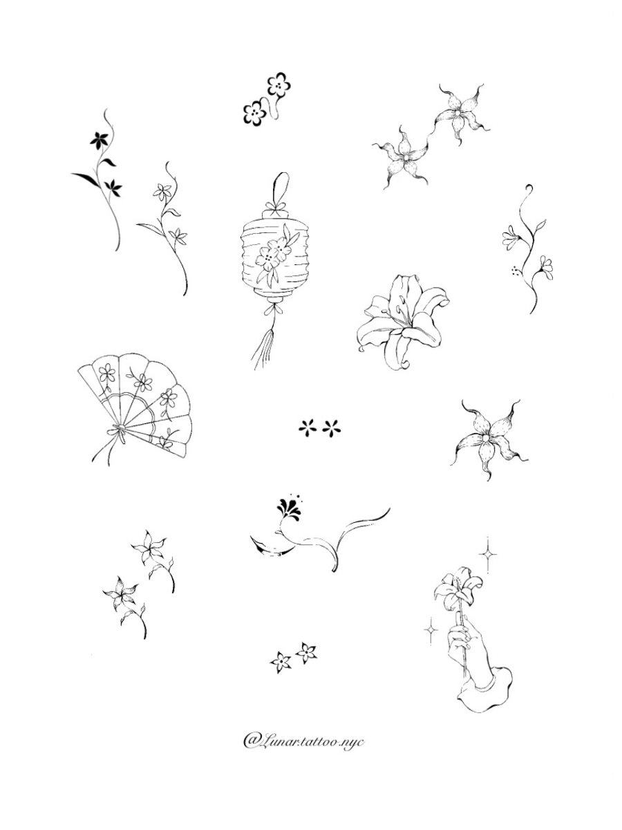 Collection of black and white tattoo-style illustrations, including flowers, a lantern, a fan, a hand holding a flower, and stars, with the Instagram handle @Lunartattoo.nyc at the bottom.