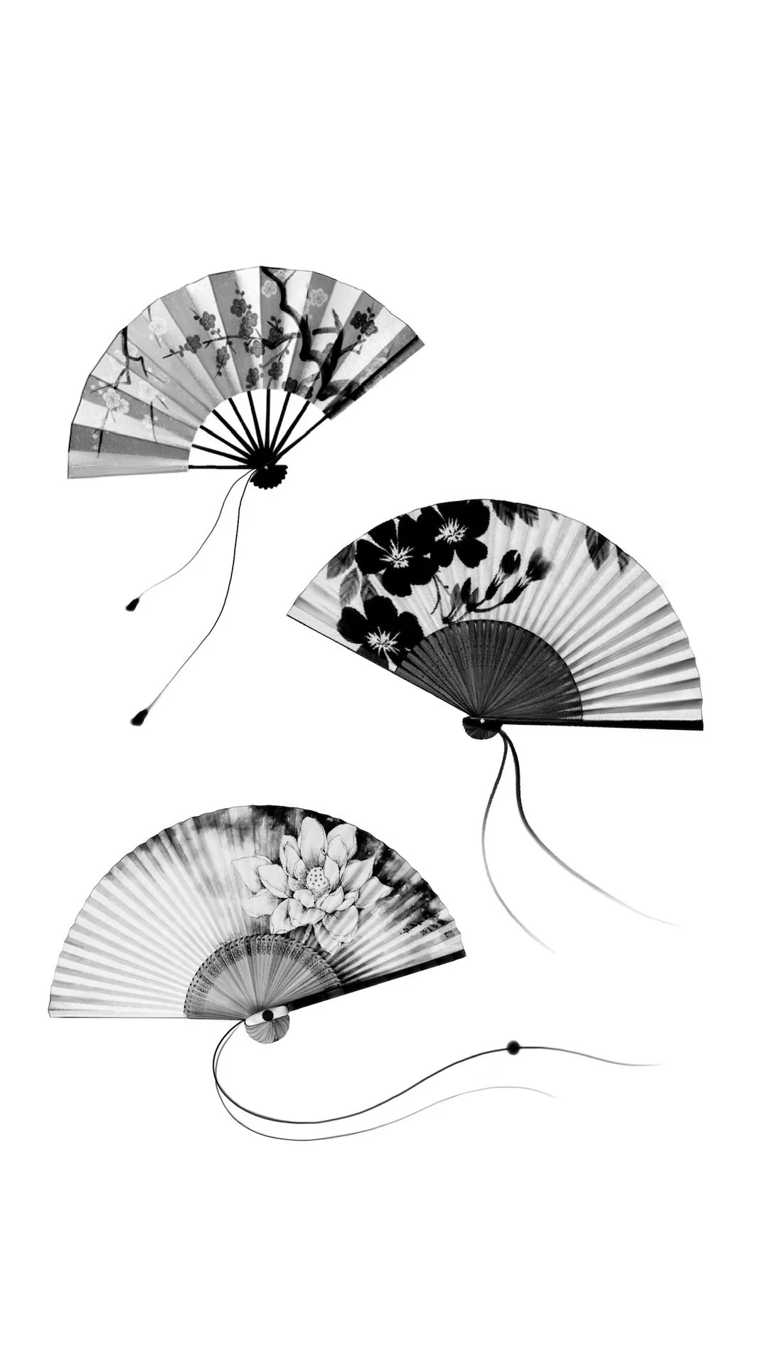 Four traditional Asian handheld folding fans with floral and nature motifs, arranged vertically on a white background.