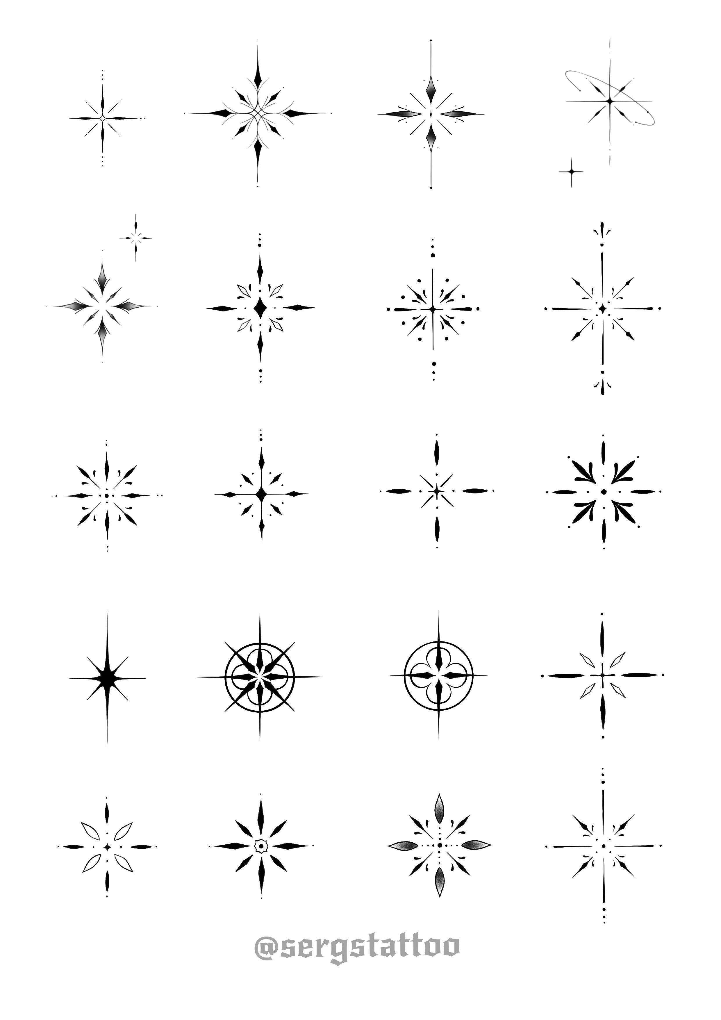 Collection of 20 black and white snowflake designs arranged in a 4x5 grid with the handle '@sergstattoo' at the bottom.