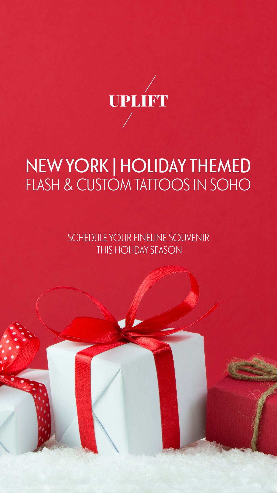 Holiday-themed advertisement for flash and custom tattoos in Soho, New York, featuring white and red gift boxes with ribbons, set against a red background.