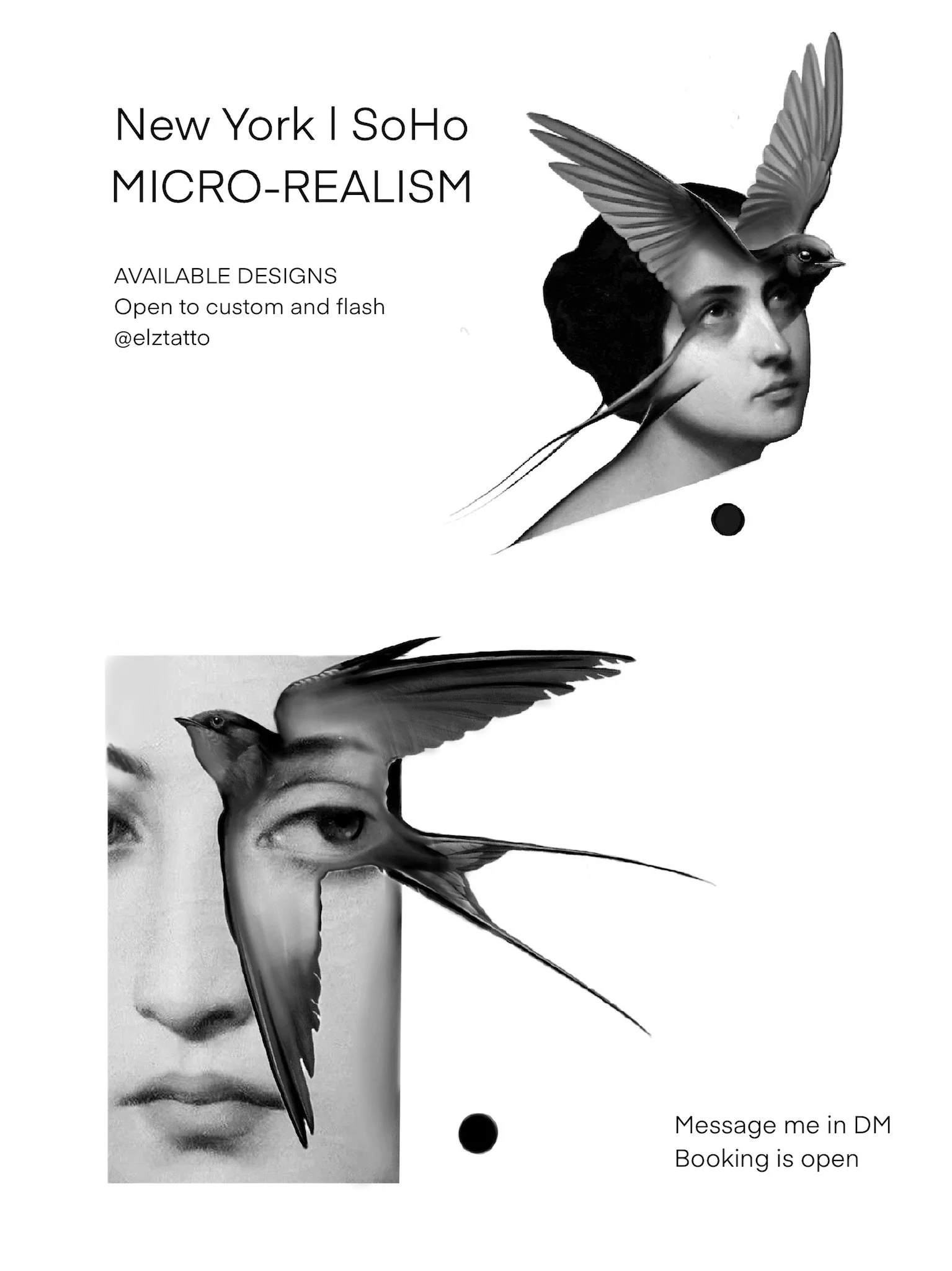 Black and white promotional poster for New York and Soho micro-realism art designs featuring surreal images of human faces with bird and human face combinations, and text promoting custom design options, social media handle @elztatto, and booking inf