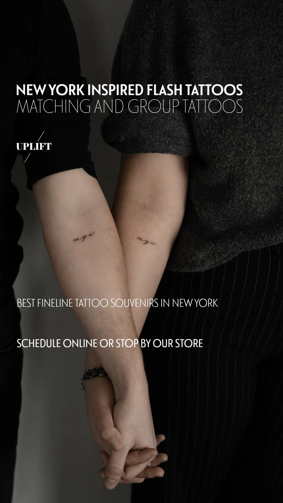 Two people holding hands with matching 'nyc' tattoos on their inner wrists, promoting New York-inspired flash tattoos.