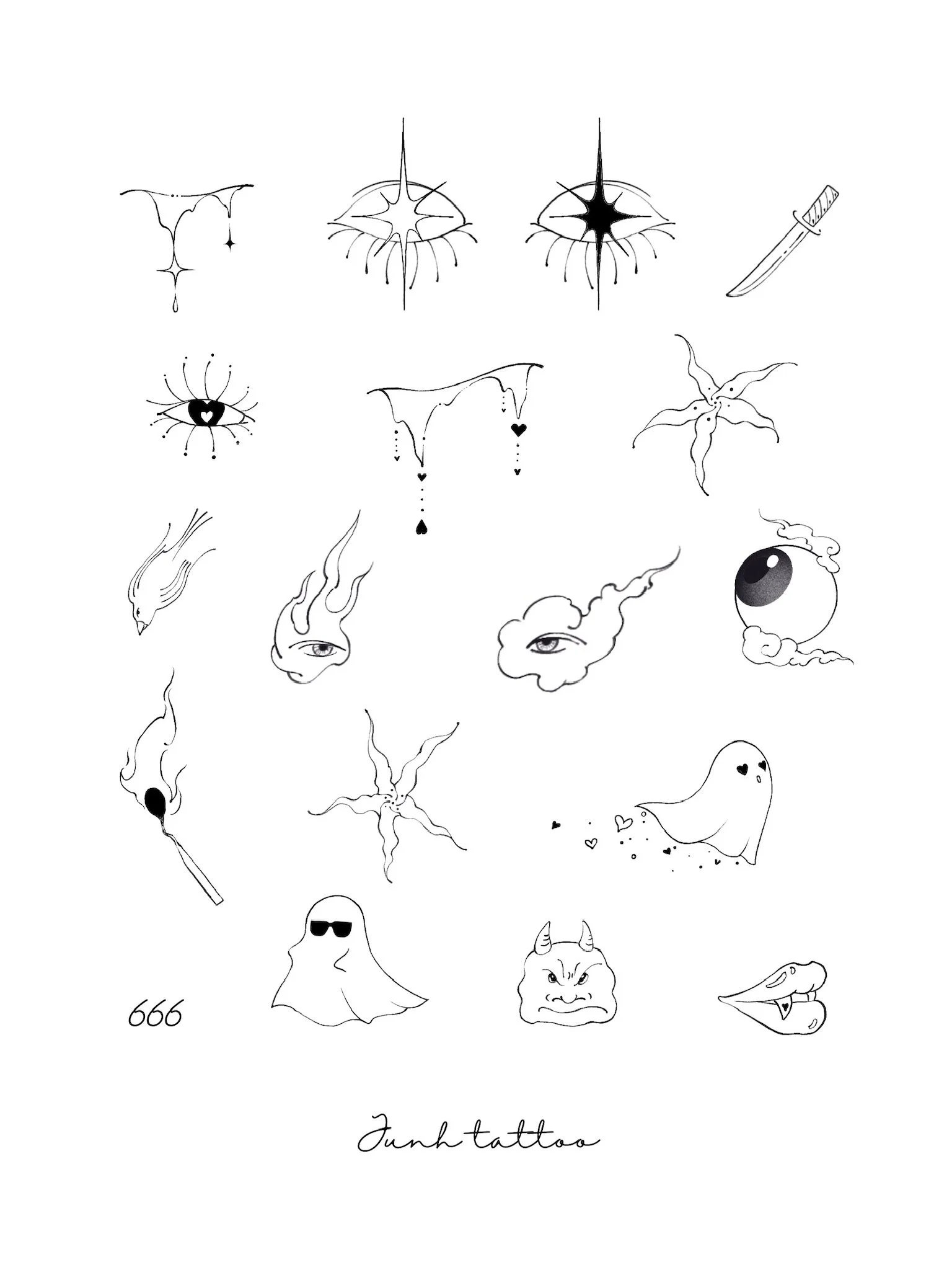 Collection of black and white tattoo-inspired illustrations, including stars, a dagger, an eye, a ghost, a devil face, and other mystical symbols, with the text 'Junh tattoo' at the bottom.