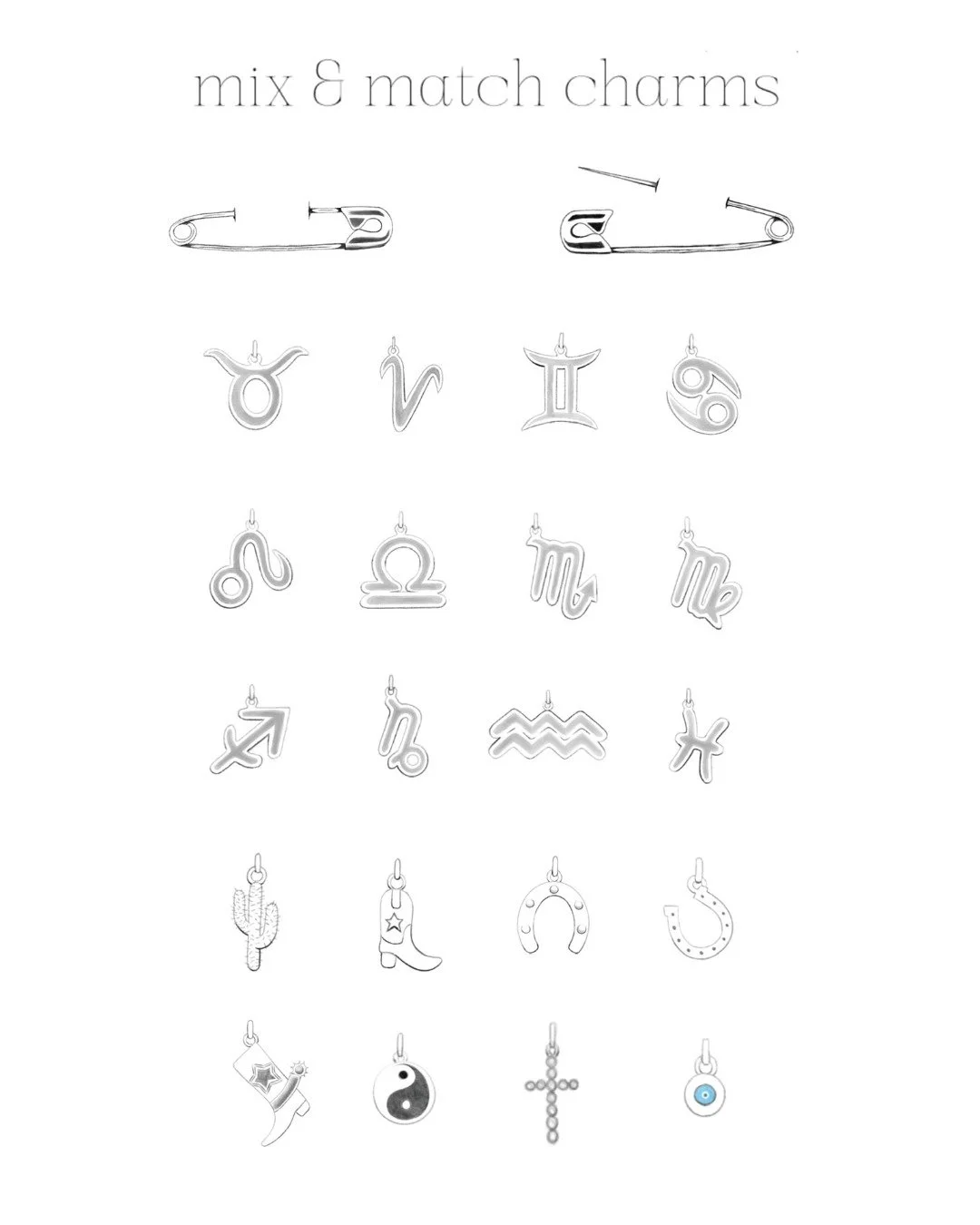 A chart showing how to mix and match zodiac and astrology charms, featuring magnetic charms and small earrings with zodiac signs, and additional charms including a cactus, a cowboy boot, a horseshoe, an evil eye, a star, yin-yang, an anchor, a beaded