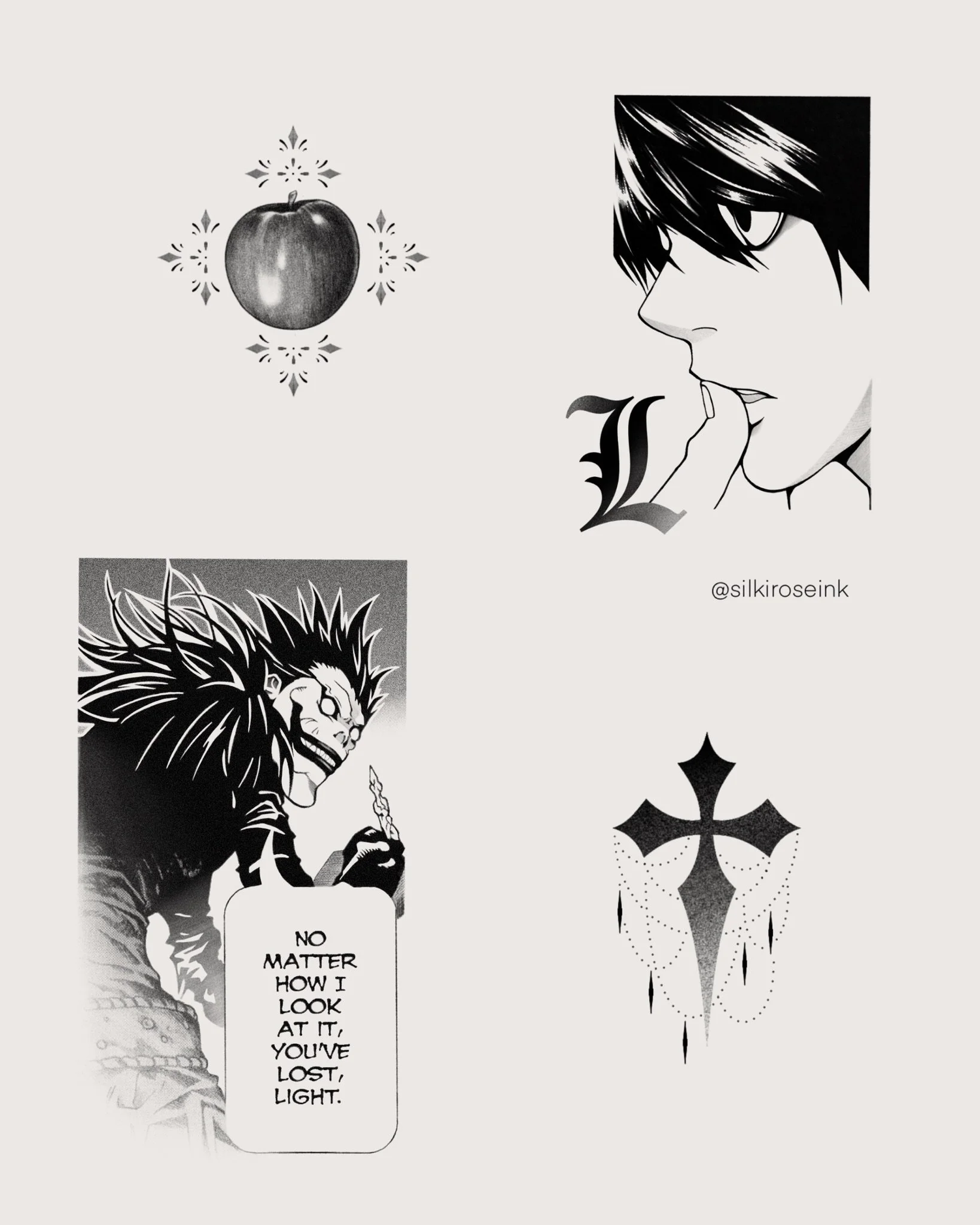 Black and white illustrations including a realistic apple, a close-up anime-style profile of a person with dark hair and a letter 'J', a manga-style character with wild hair and a speech bubble saying "No matter how I look at it, you've lost, Light,"