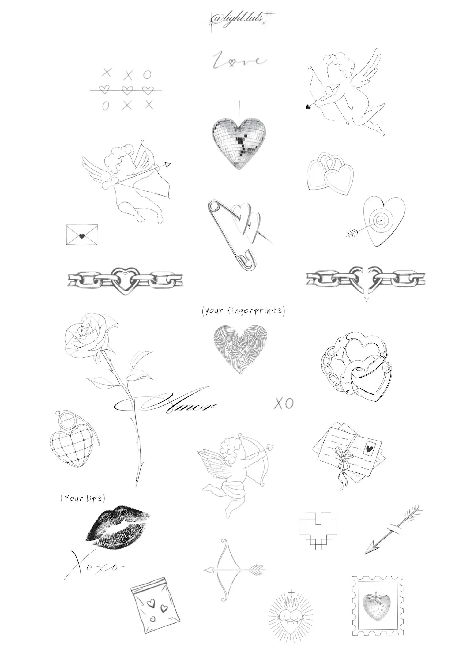 Collection of black and white love-themed illustrations, including cherubs, hearts, arrows, roses, chains, a safety pin, a disco ball heart, a fingerprint heart, a lipstick kiss, a bow and arrow, and handwritten words like "love" and "amore."