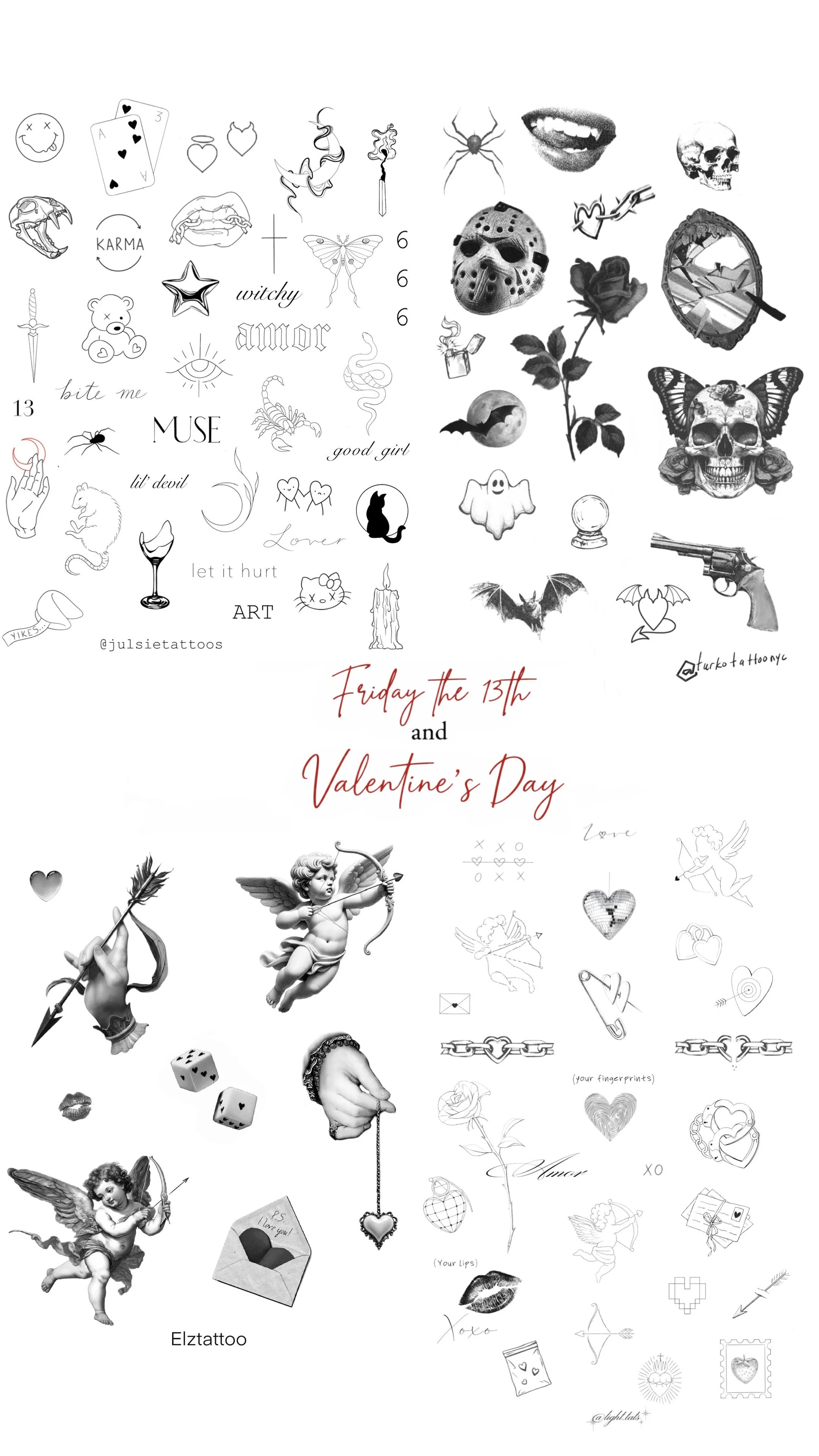 A collage of black and white tattoo-style illustrations and text related to Valentine's Day and Friday the 13th, including hearts, skulls, butterflies, a cupid, roses, bats, a gun, a mirror, and handwritten words and phrases.