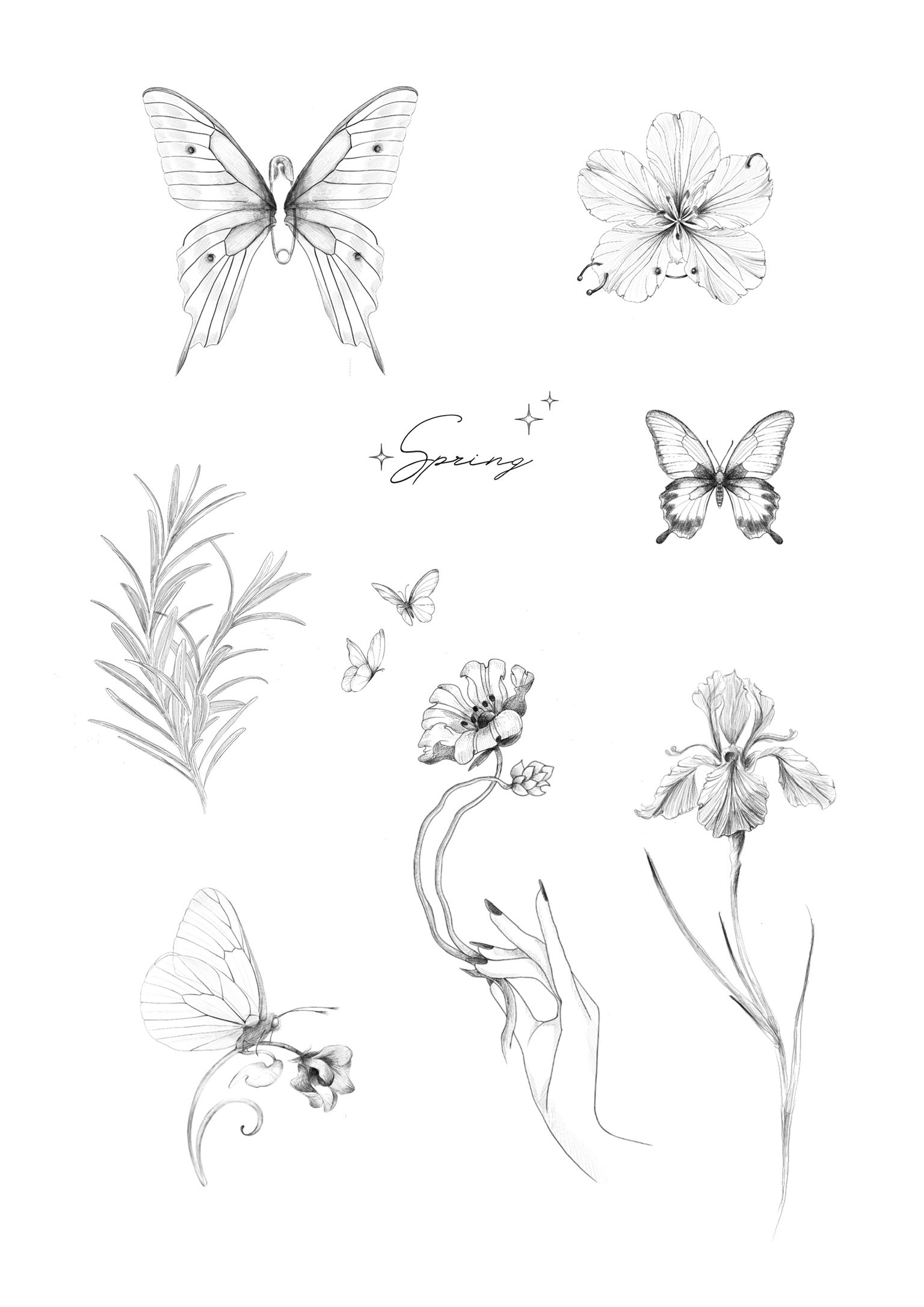Black and white sketches of butterflies, flowers, and a hand holding a flower, with the word "Spring" in the center.