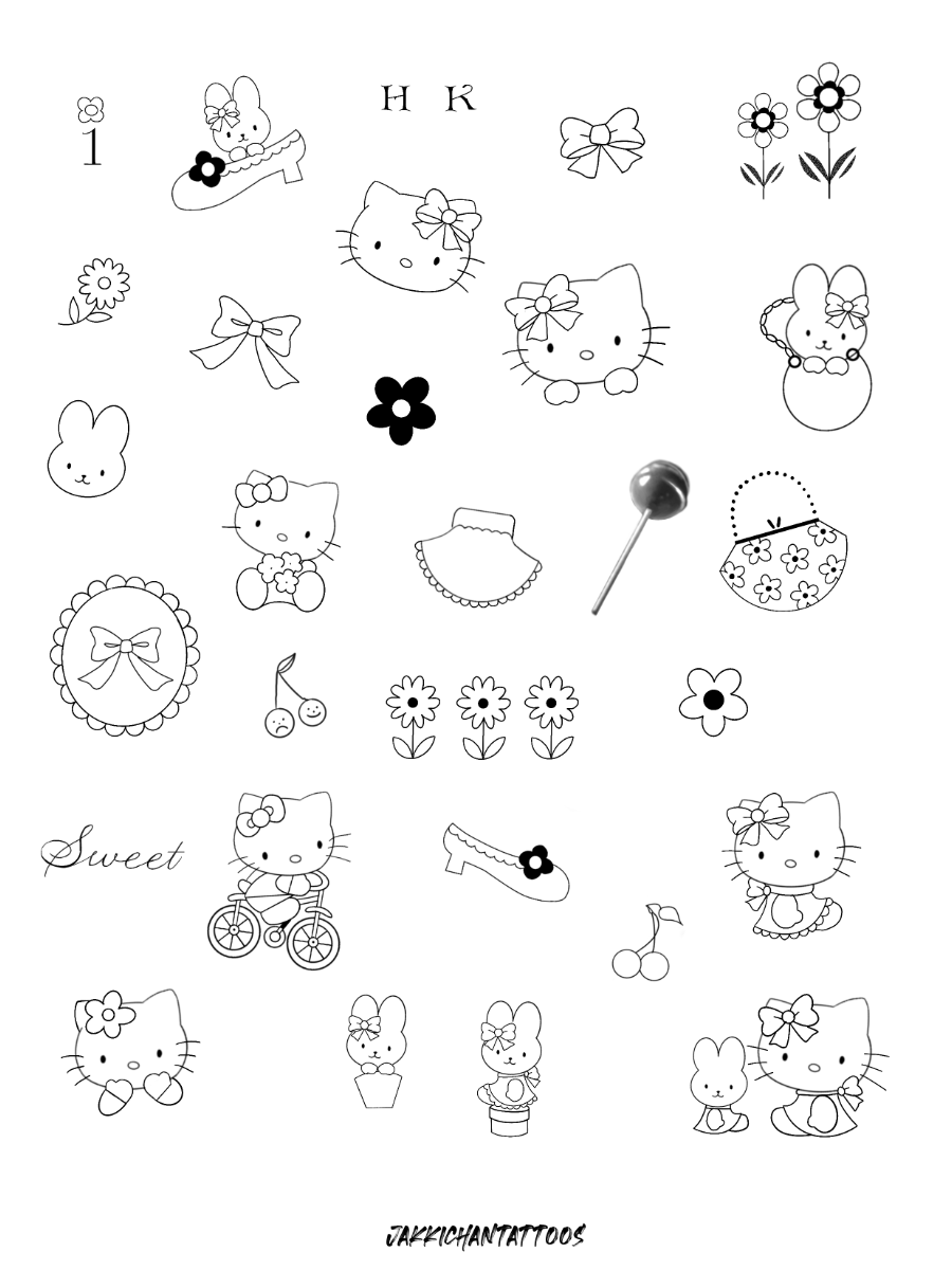Collection of black and white line drawings featuring Hello Kitty characters, flowers, bows, cherries, and a note that says "Sweet", with a pin and a patterned coin purse.