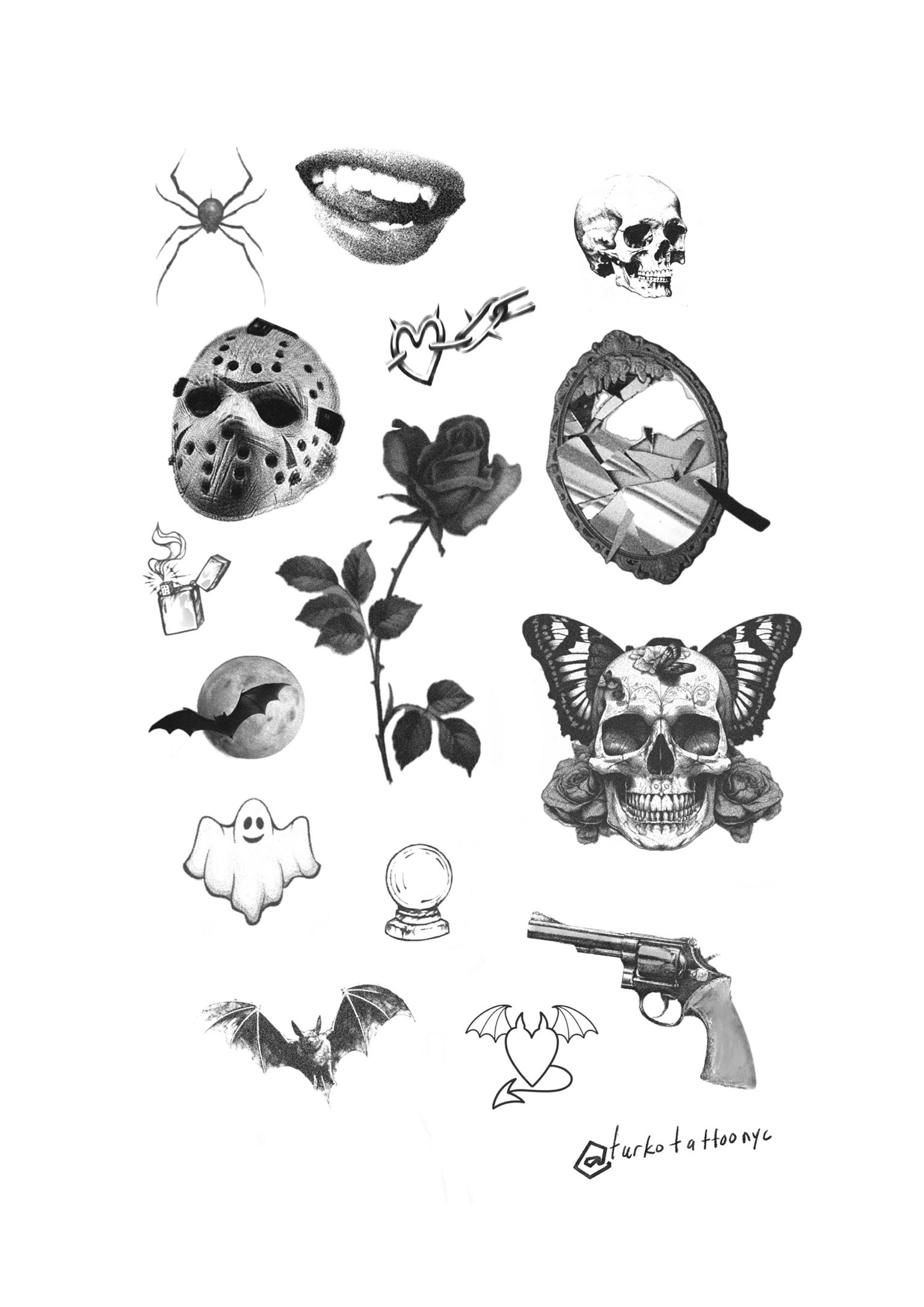 A collage of various black and white Halloween-themed illustrations, including a spider, mouth, skulls, hockey mask, rose, broken mirror, butterfly skull, ghosts, bat, revolver, and a heart with bat wings.