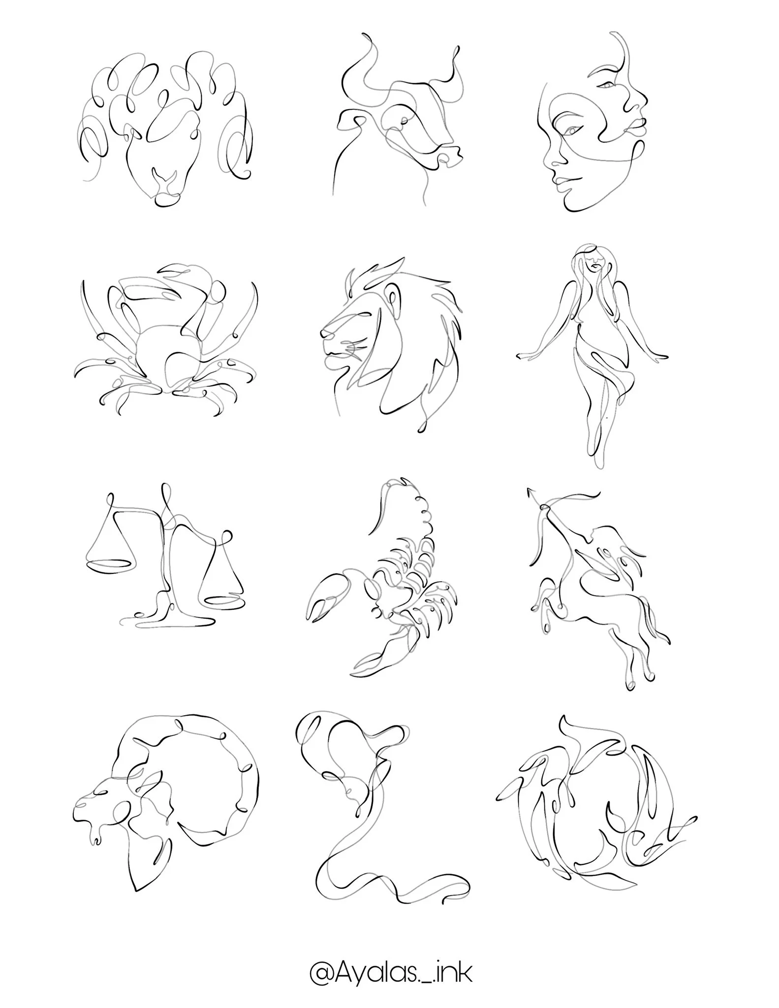 Collection of twelve minimalistic line art drawings of various animals, people, and symbols, arranged in three rows with four images each. Includes a dog, human faces, crab, lion, female figure, scales, scorpion, unicorn, fish, and abstract shapes.