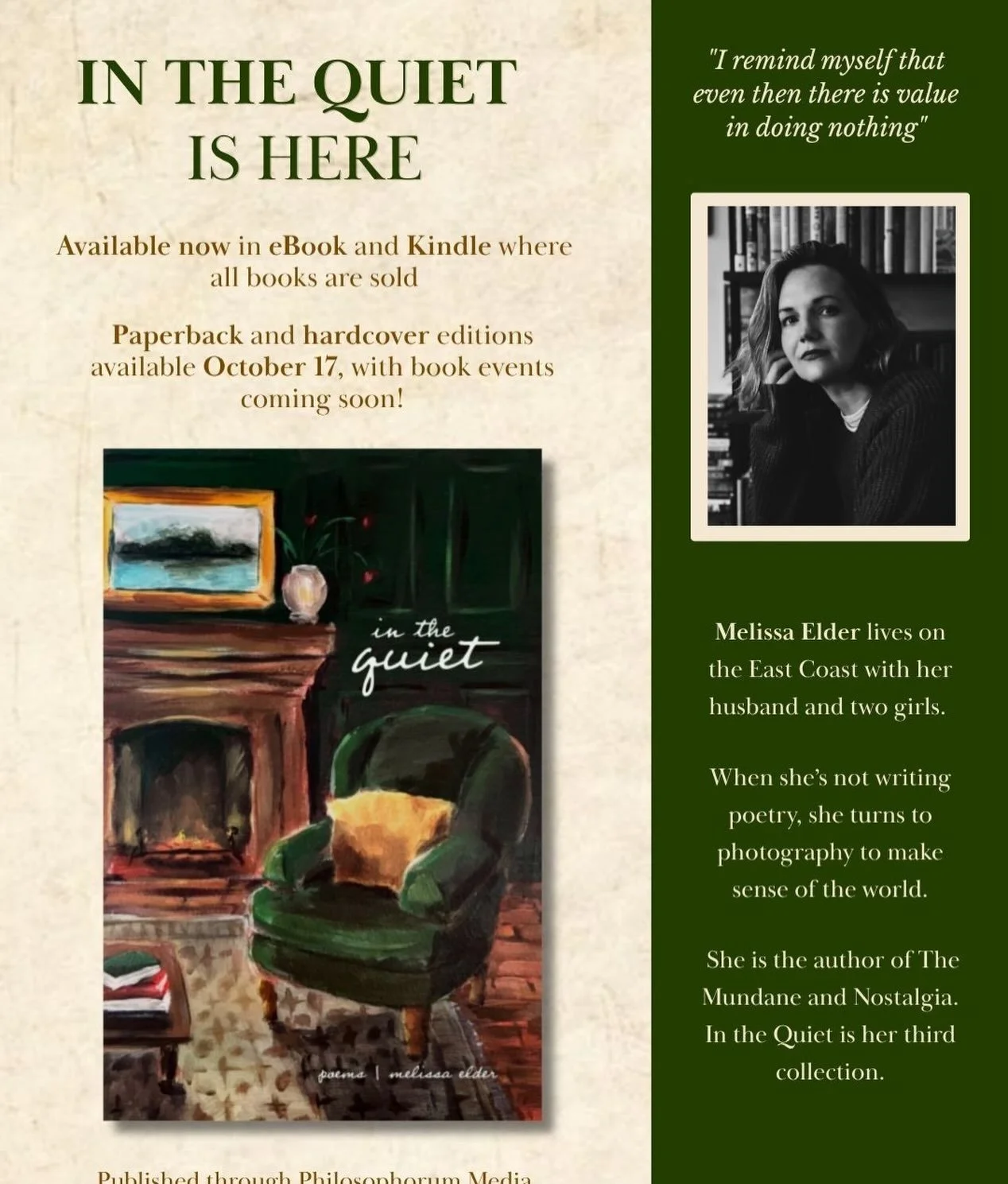 The day has come! In the Quiet is officially released out into the ether! The ebook and kindle versions will be available as soon as the retailers make it live.

Paperback and Hardcovers will be available for purchase October 17th!

Stay tuned for so