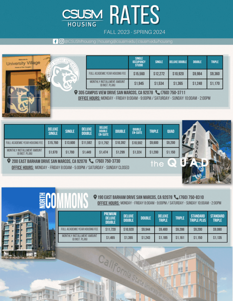 CSUSM Housing Rate Sheet