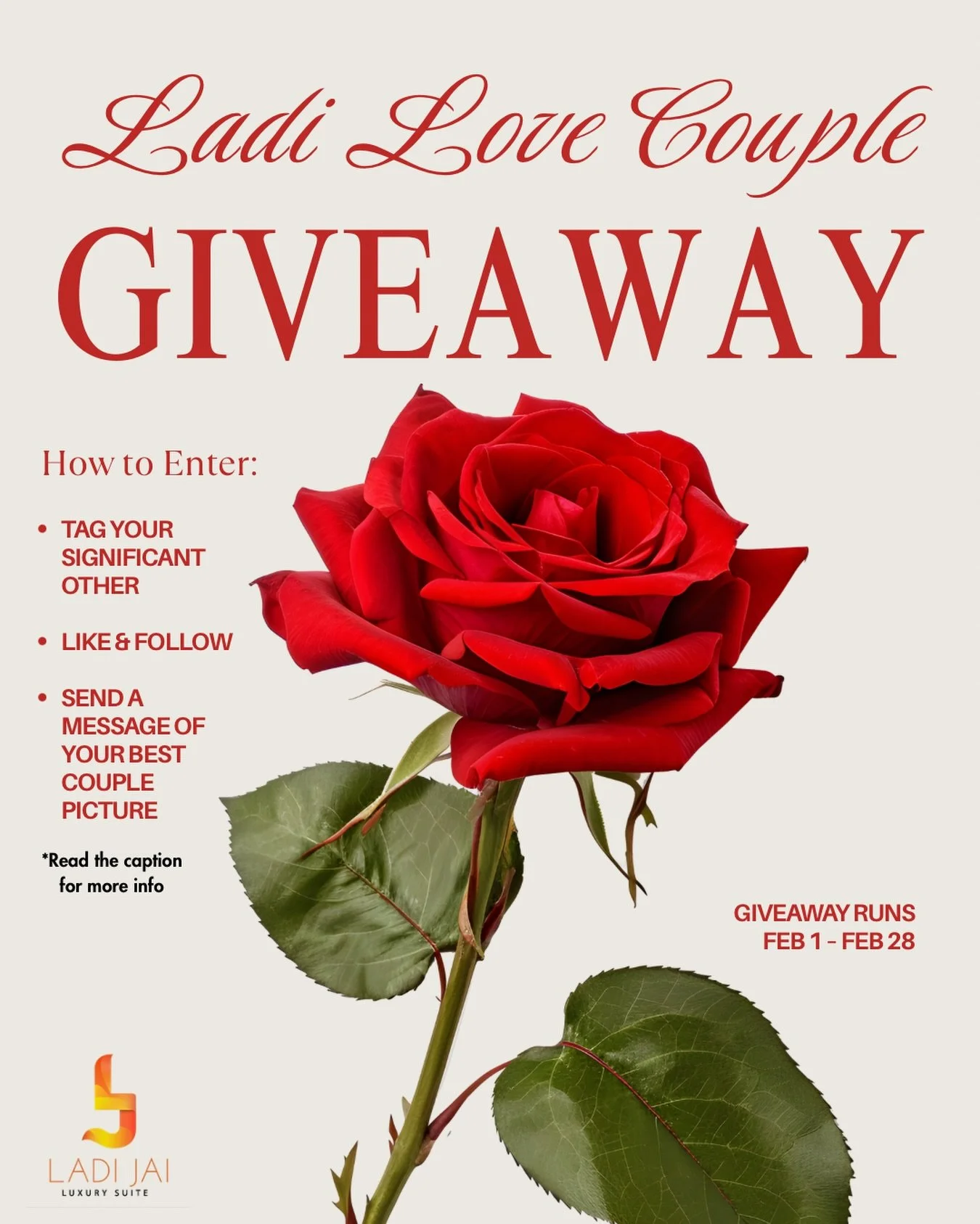 ✨ Ladi Jai Luxury Giveaway Alert ✨

We&rsquo;re celebrating love in style! 💎 Ladi Jai Luxury is giving away an exclusive gift certificate to our 2026 Ladi Love Couple of the Year 💖

How to enter for your chance to win:
✨ Follow our page
✨ Like this