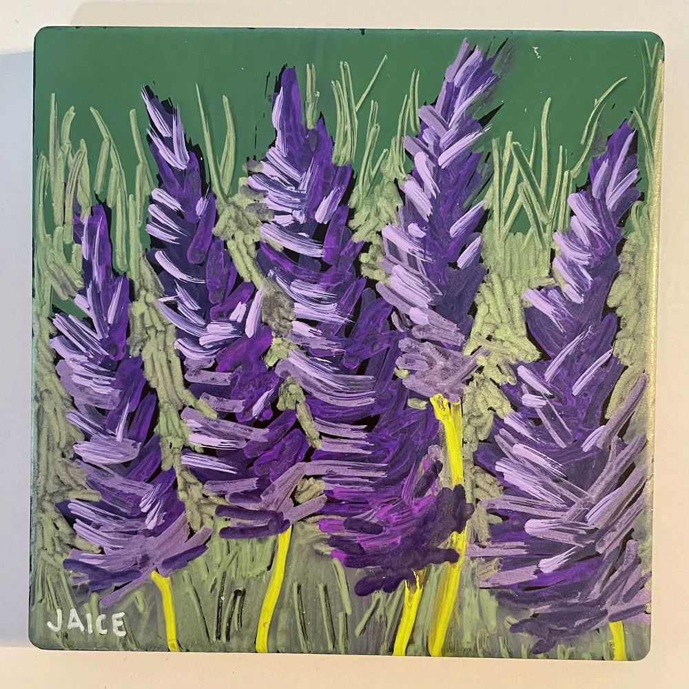 Purple Lupine on Green Hand-Painted Ceramic Tile (Single Tile