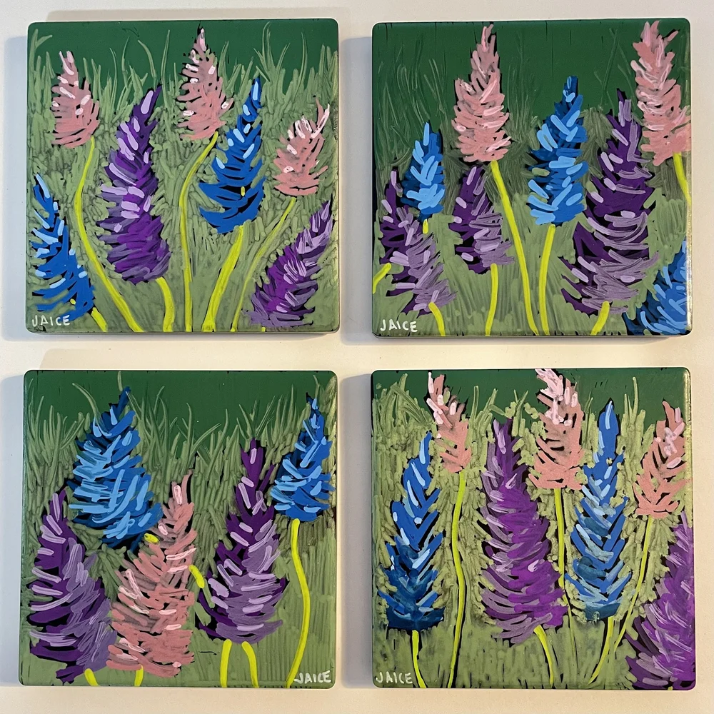 Set of 4 Hand-Painted Ceramic Tiles | Tri-Color Lupine on Green
