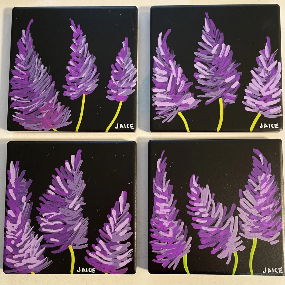 Set of 4 Hand-Painted Ceramic Tiles | Purple Lupine on Black